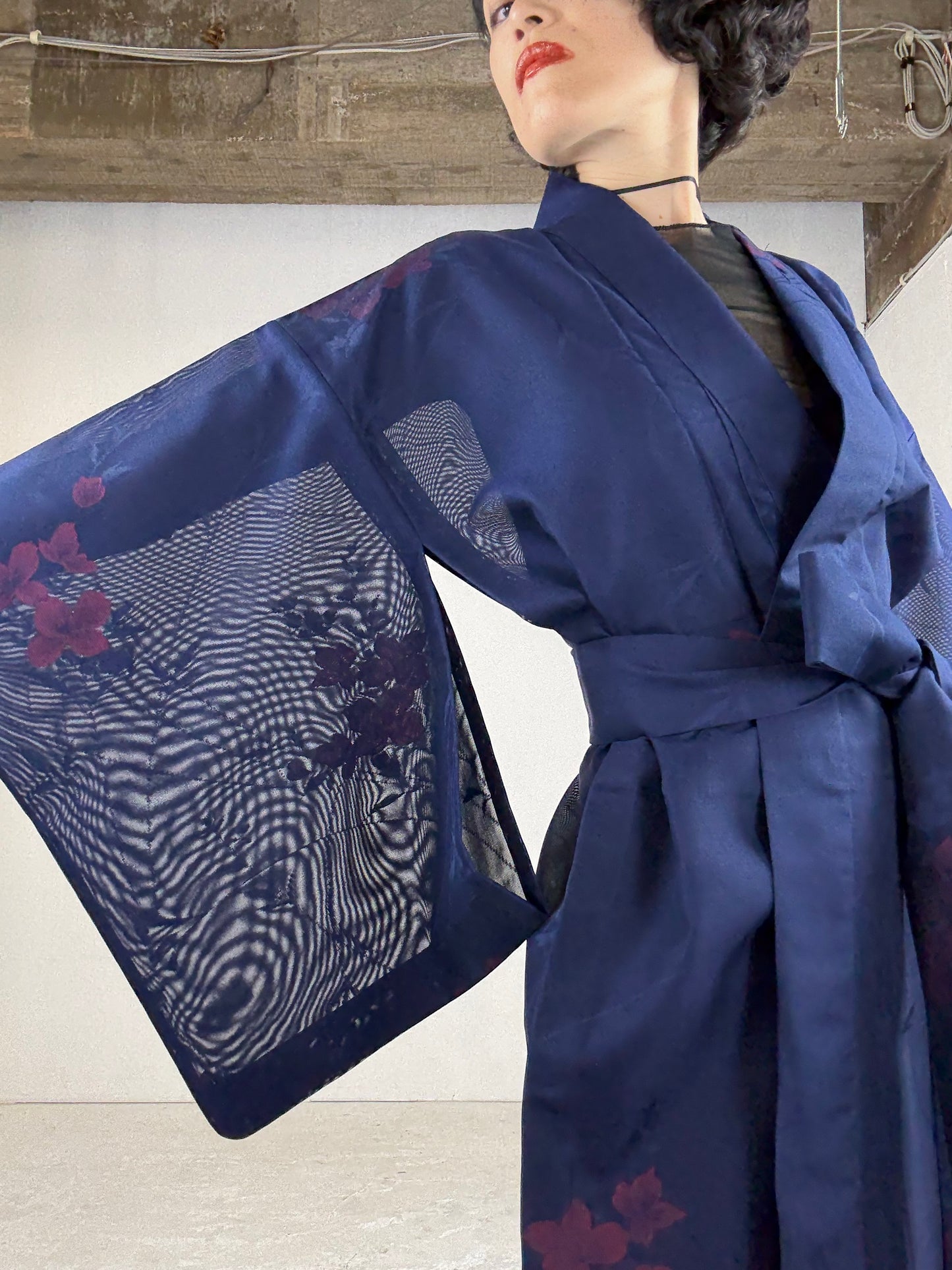 SHEER Kimono Dress Gown with String Belt – Upcycled from Japanese Kimono “Long, Navy with Red Flowers”