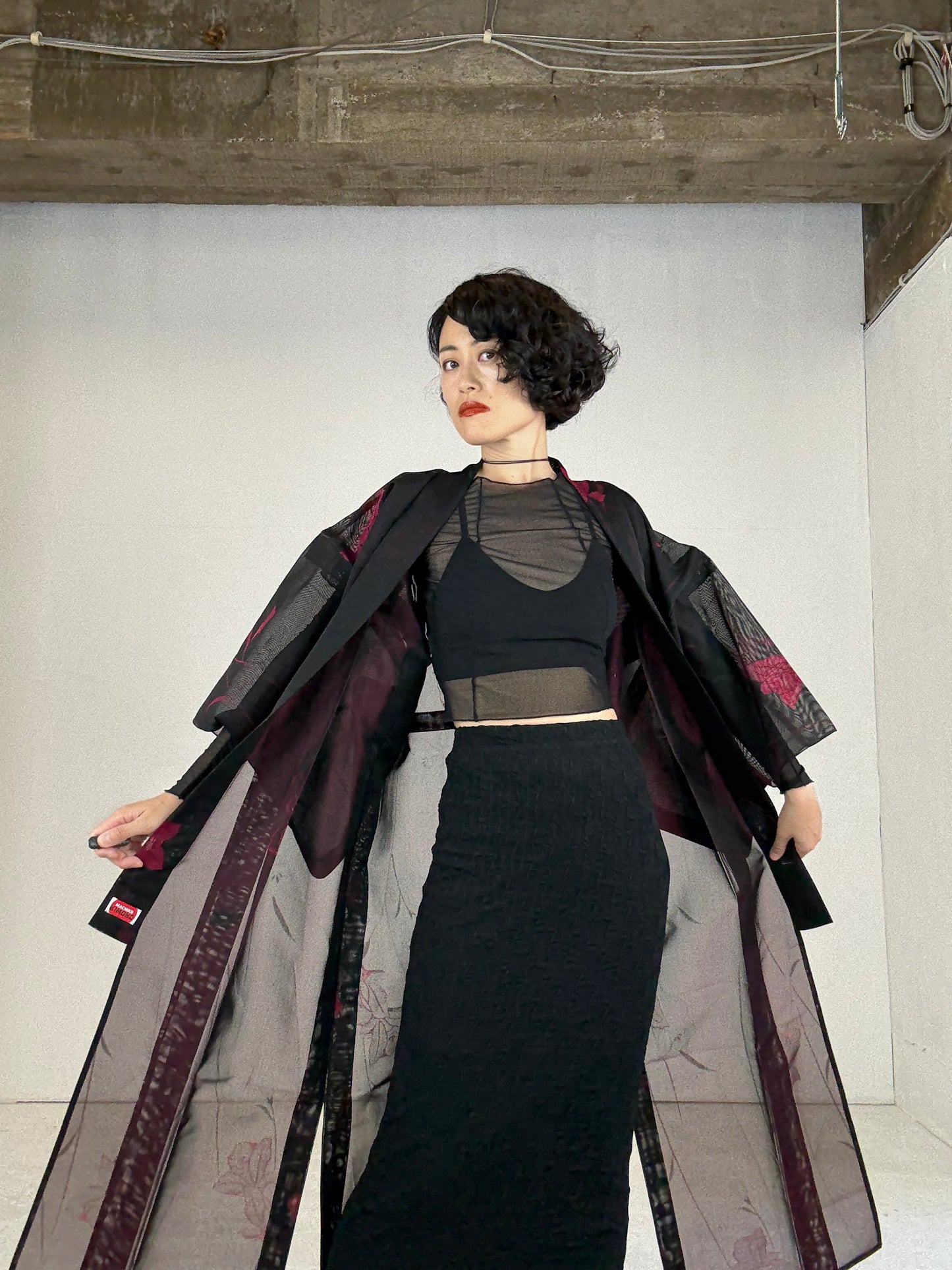 SHEER Kimono Dress Gown with String Belt – Upcycled from Japanese Kimono “Black with Red Flowers”