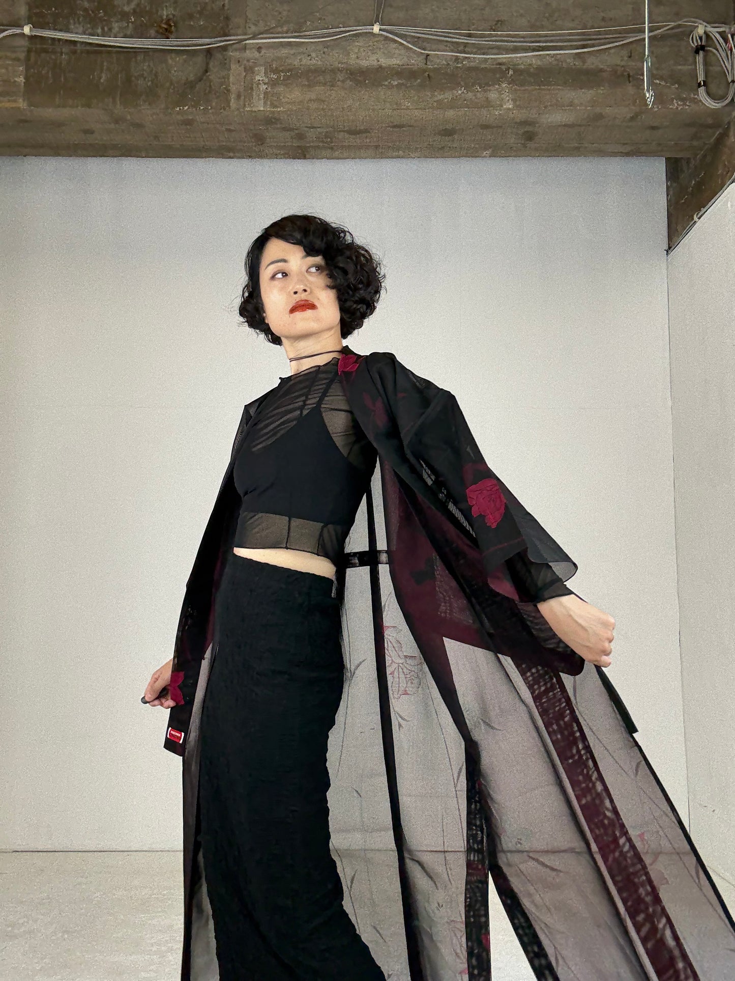 SHEER Kimono Dress Gown with String Belt – Upcycled from Japanese Kimono “Black with Red Flowers”