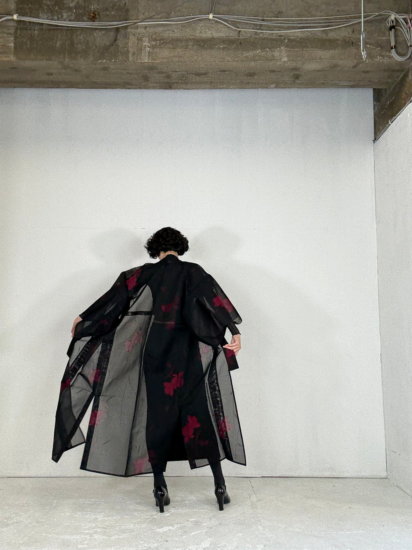 SHEER Kimono Dress Gown with String Belt – Upcycled from Japanese Kimono “Black with Red Flowers”