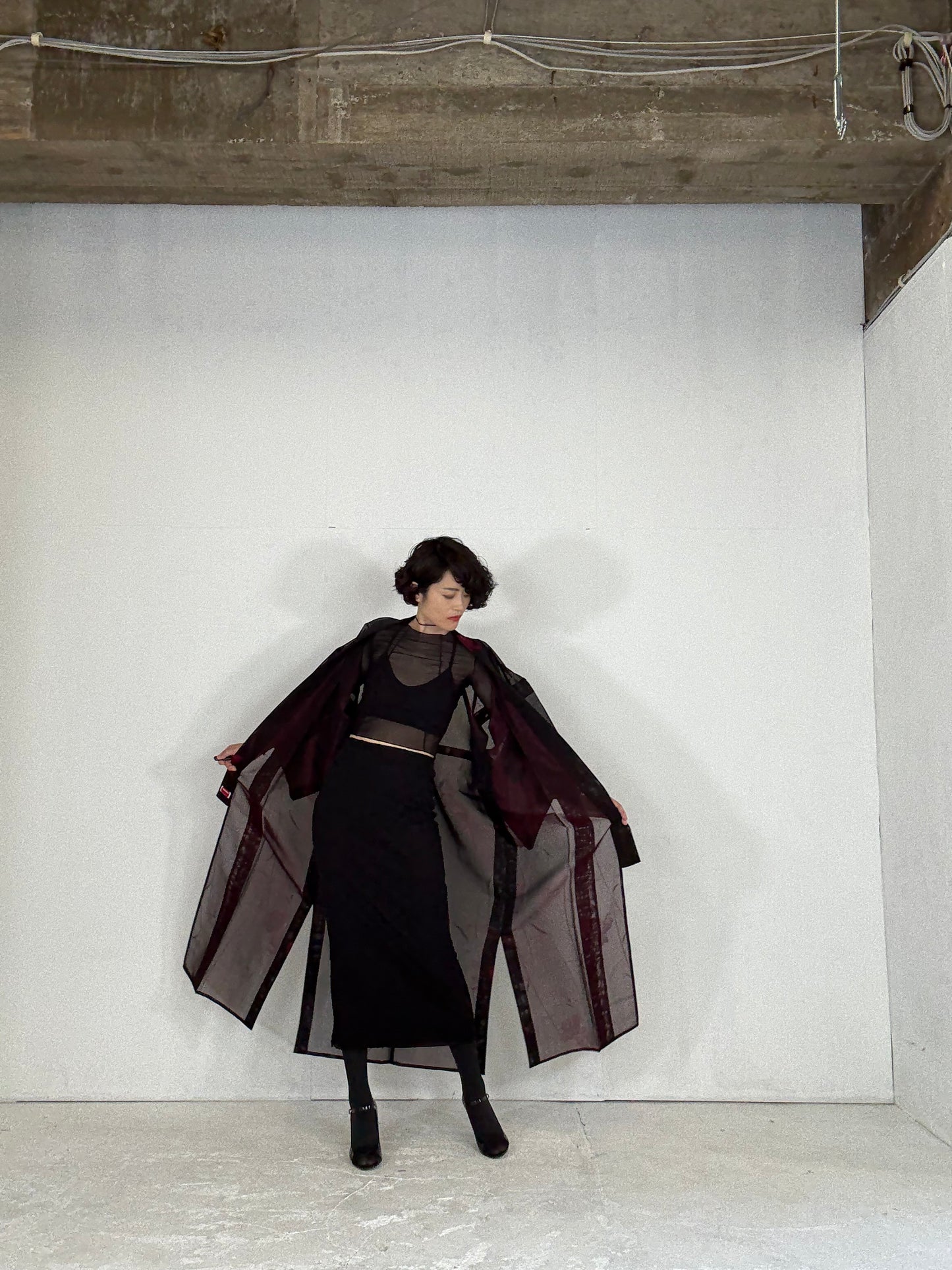 SHEER Kimono Dress Gown with String Belt – Upcycled from Japanese Kimono “Black with Red Flowers”