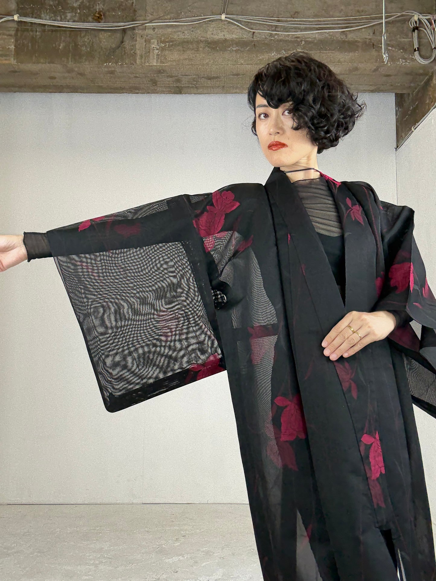 SHEER Kimono Dress Gown with String Belt – Upcycled from Japanese Kimono “Black with Red Flowers”