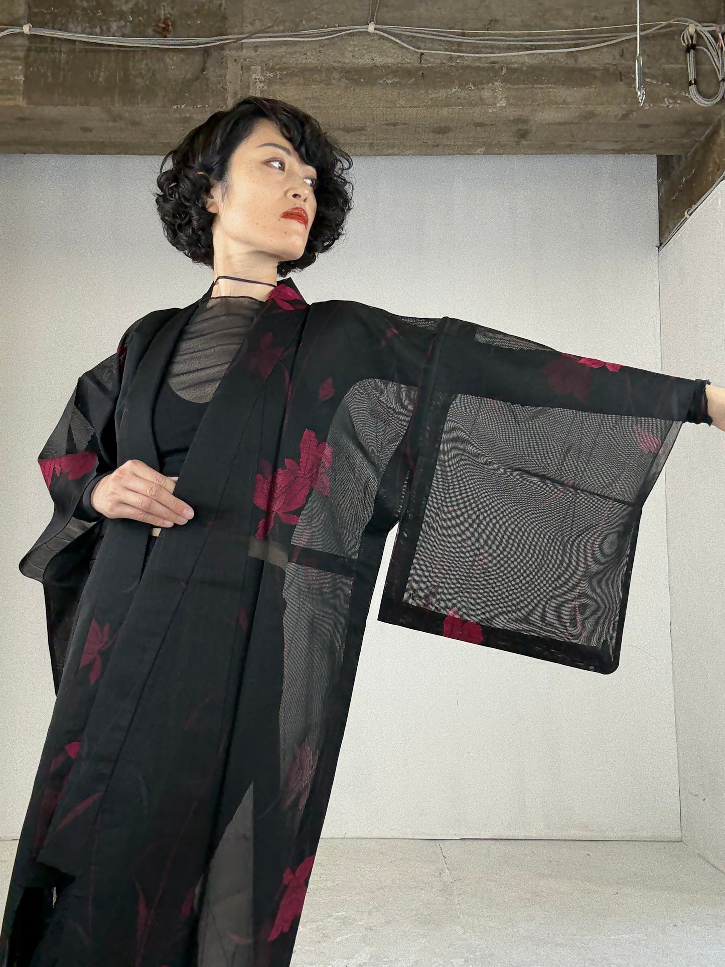 SHEER Kimono Dress Gown with String Belt – Upcycled from Japanese Kimono “Black with Red Flowers”