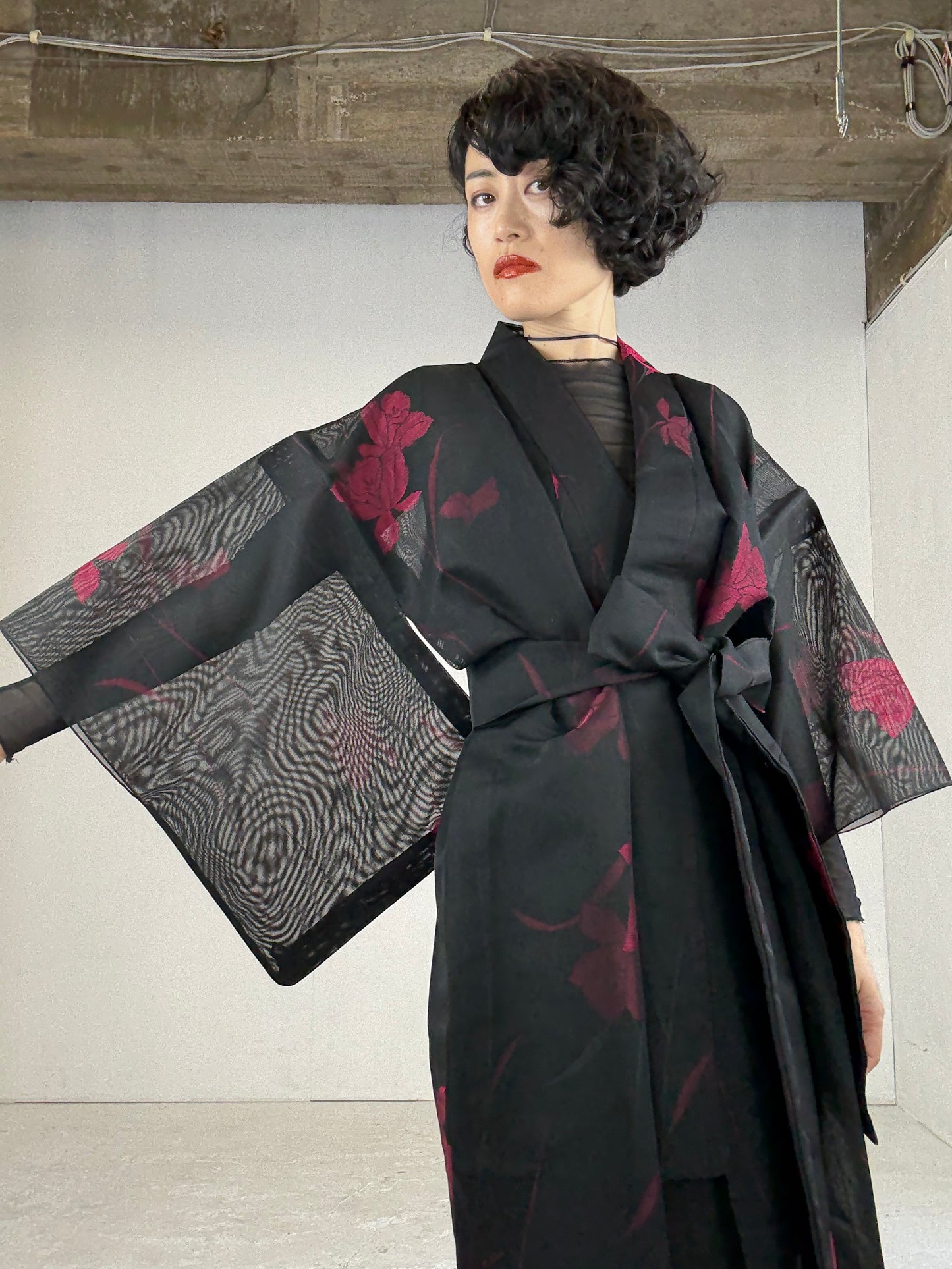 SHEER Kimono Dress Gown with String Belt – Upcycled from Japanese Kimono “Black with Red Flowers”
