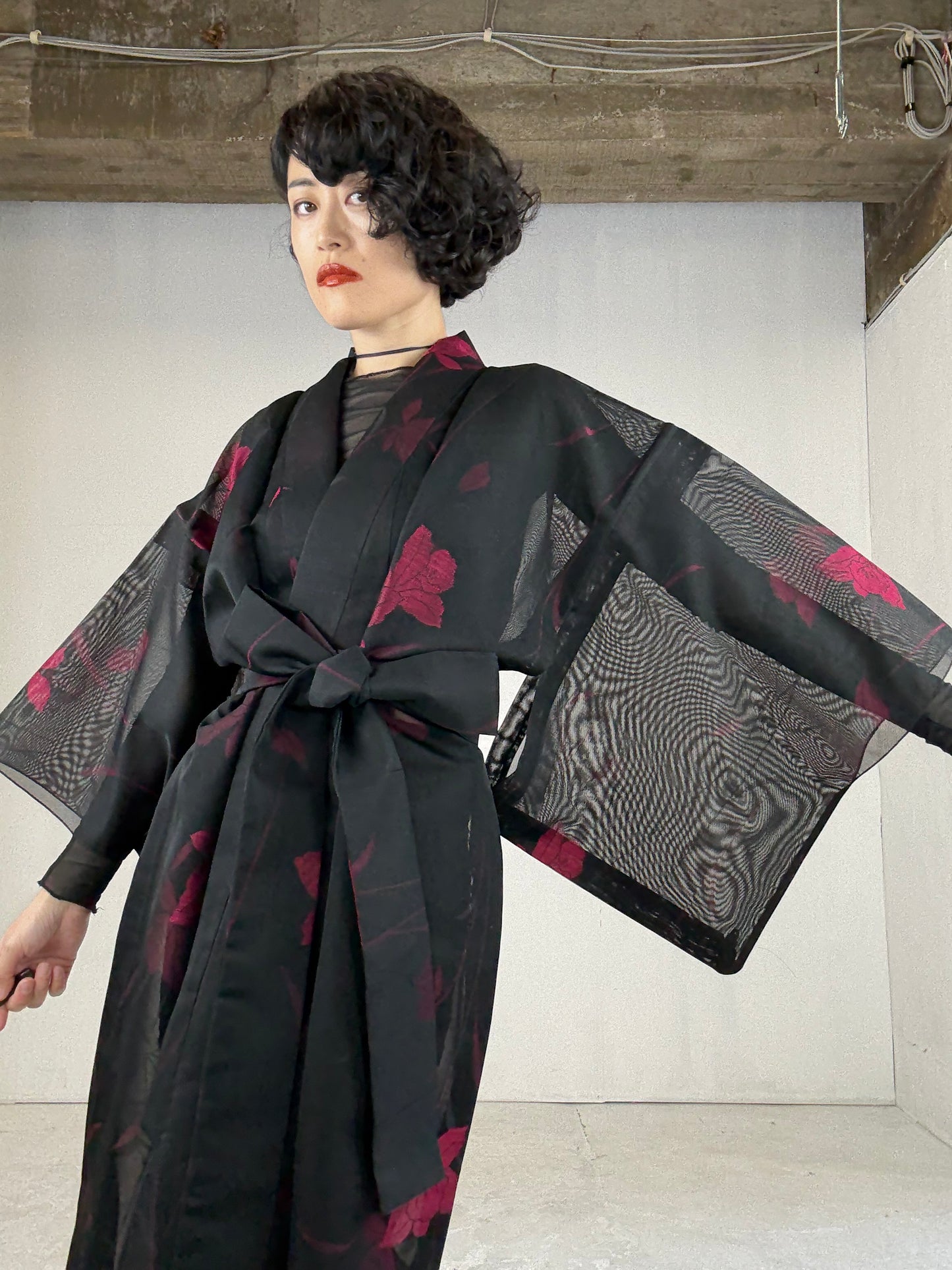 SHEER Kimono Dress Gown with String Belt – Upcycled from Japanese Kimono “Black with Red Flowers”