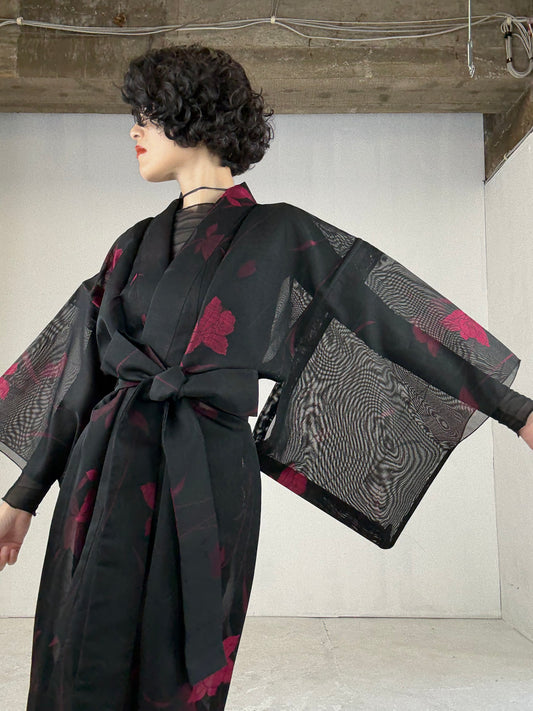 SHEER Kimono Dress Gown with String Belt – Upcycled from Japanese Kimono “Black with Red Flowers”