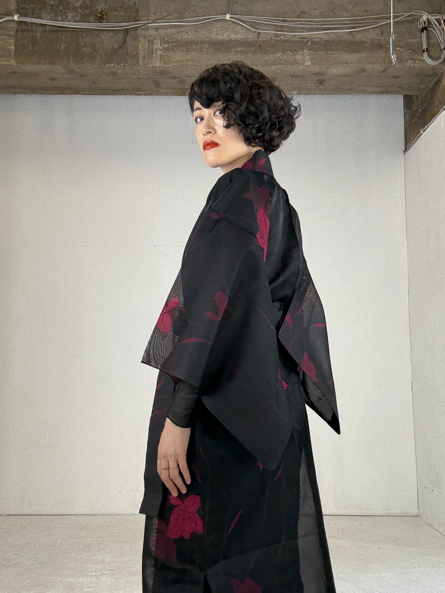 SHEER Kimono Dress Gown with String Belt – Upcycled from Japanese Kimono “Black with Red Flowers”