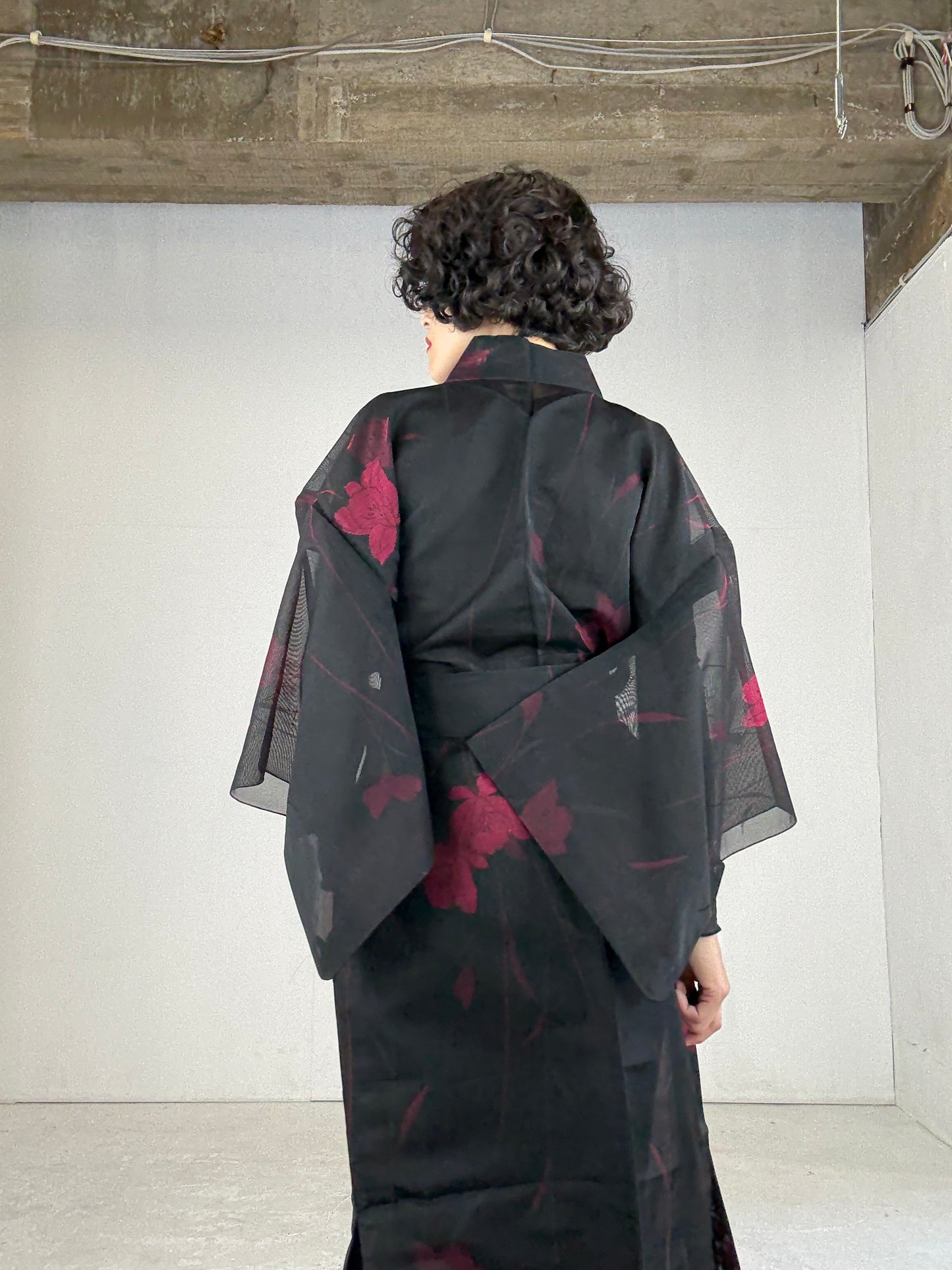 SHEER Kimono Dress Gown with String Belt – Upcycled from Japanese Kimono “Black with Red Flowers”