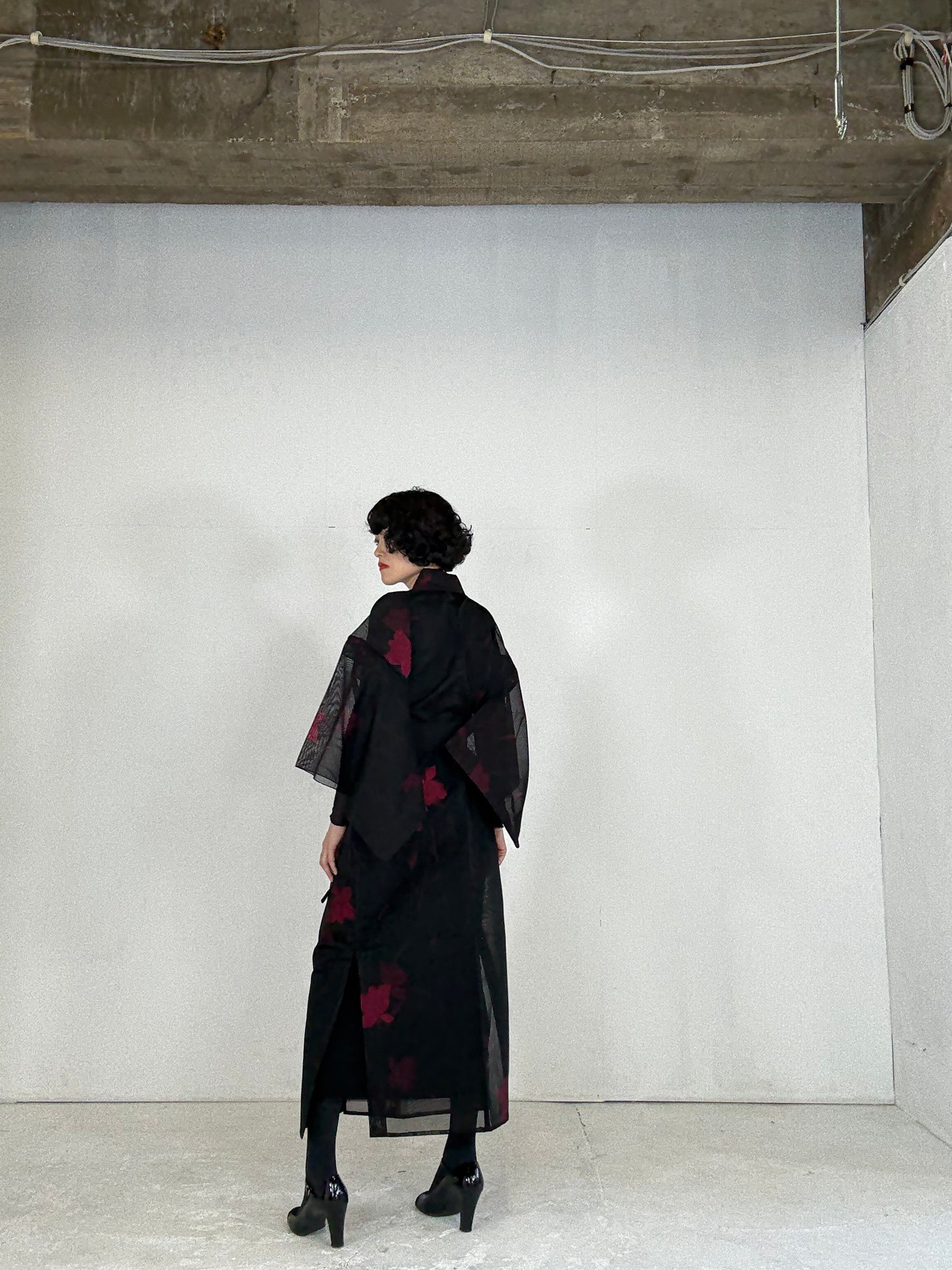 SHEER Kimono Dress Gown with String Belt – Upcycled from Japanese Kimono “Black with Red Flowers”