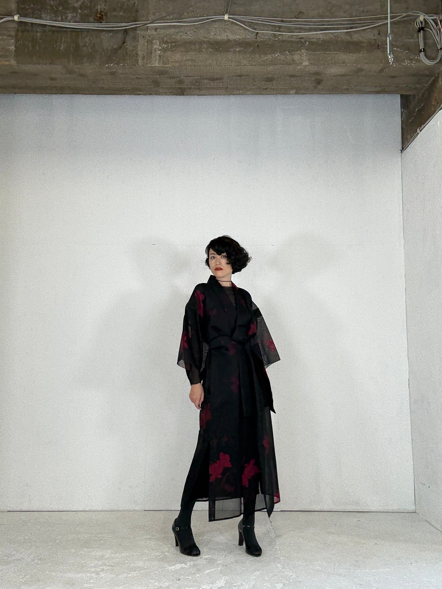 SHEER Kimono Dress Gown with String Belt – Upcycled from Japanese Kimono “Black with Red Flowers”