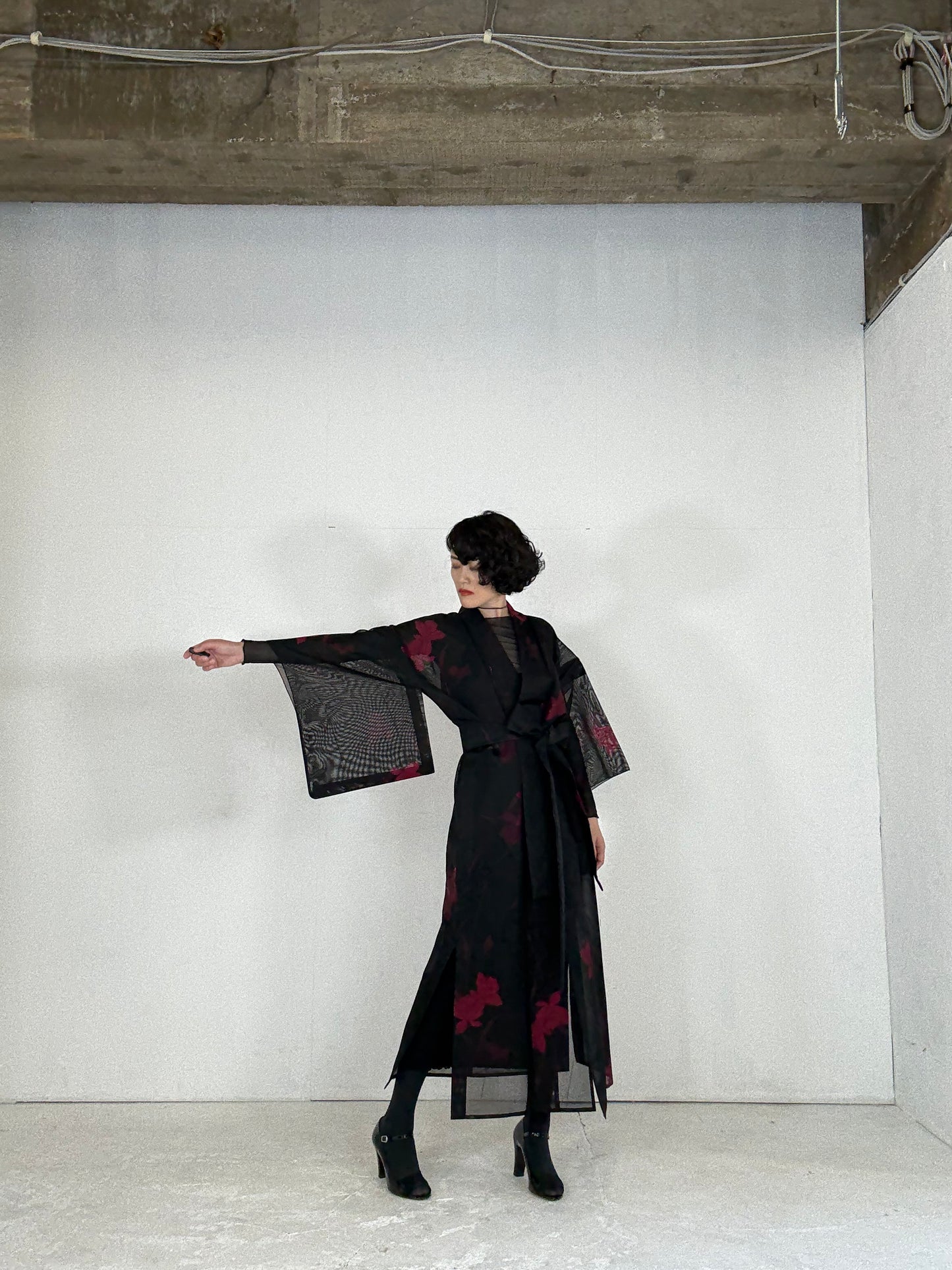 SHEER Kimono Dress Gown with String Belt – Upcycled from Japanese Kimono “Black with Red Flowers”