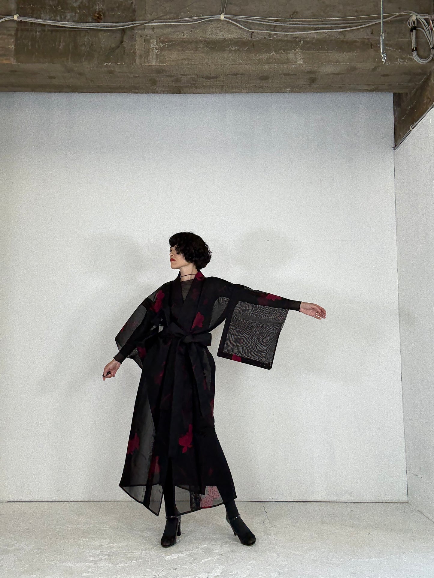 SHEER Kimono Dress Gown with String Belt – Upcycled from Japanese Kimono “Black with Red Flowers”