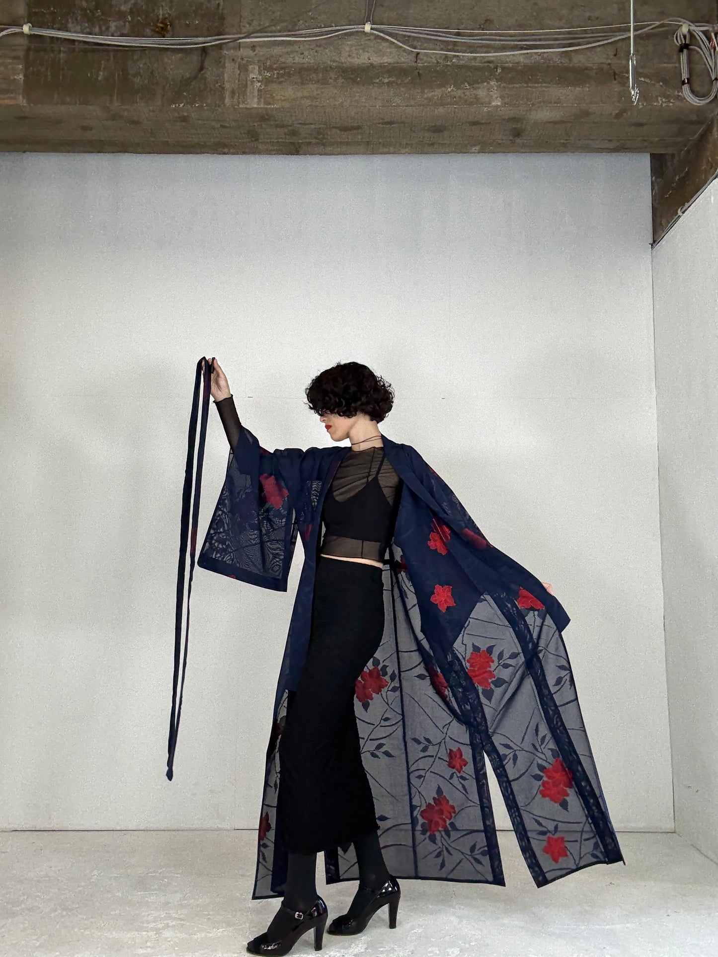 SHEER Kimono Dress Gown with String Belt – Upcycled from Japanese Kimono “Navy with Large Red Flowers” *damage