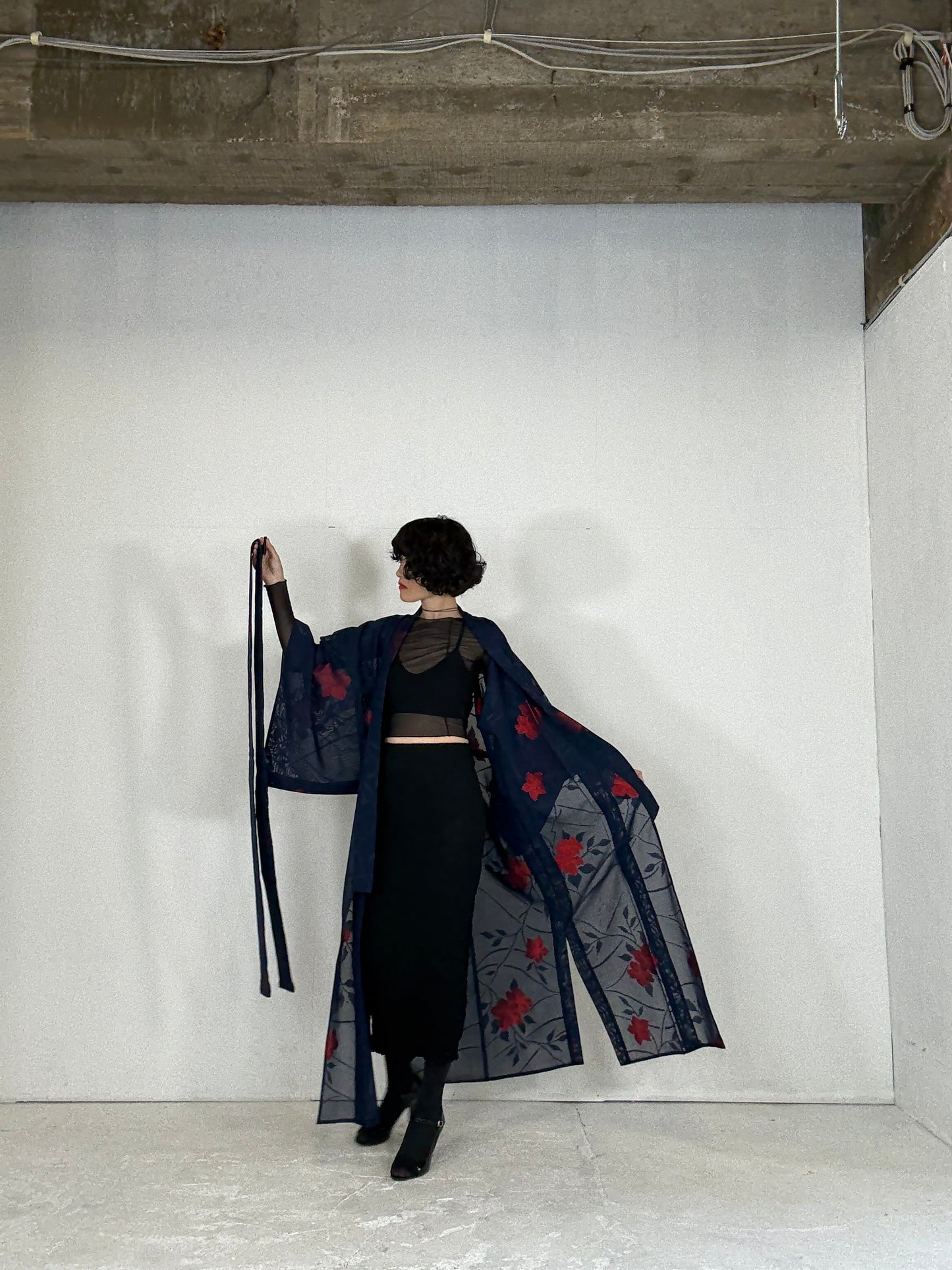 SHEER Kimono Dress Gown with String Belt – Upcycled from Japanese Kimono “Navy with Large Red Flowers” *damage