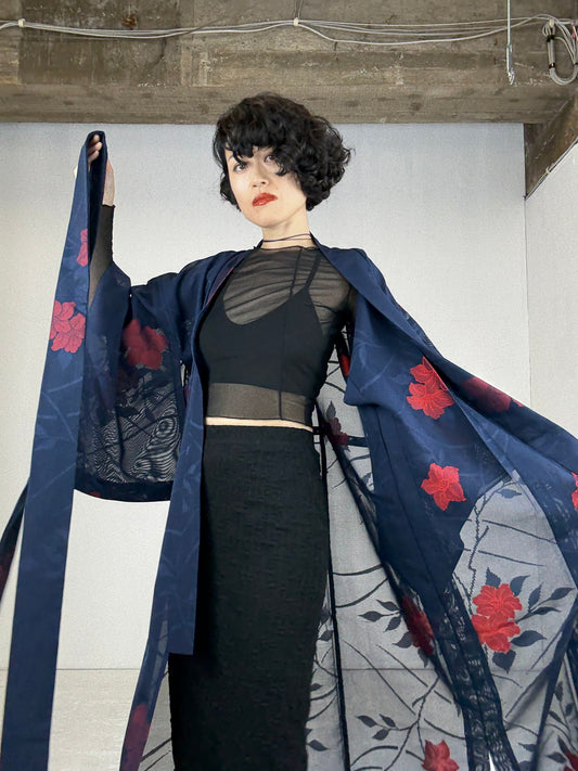 SHEER Kimono Dress Gown with String Belt – Upcycled from Japanese Kimono “Navy with Large Red Flowers” *damage