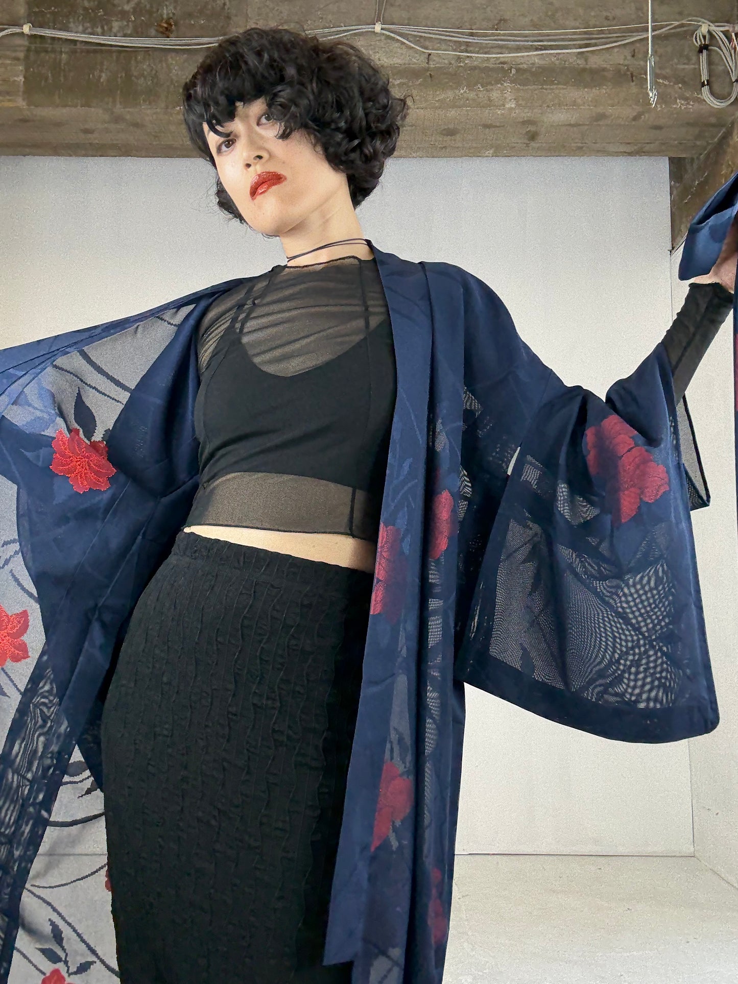 SHEER Kimono Dress Gown with String Belt – Upcycled from Japanese Kimono “Navy with Large Red Flowers” *damage