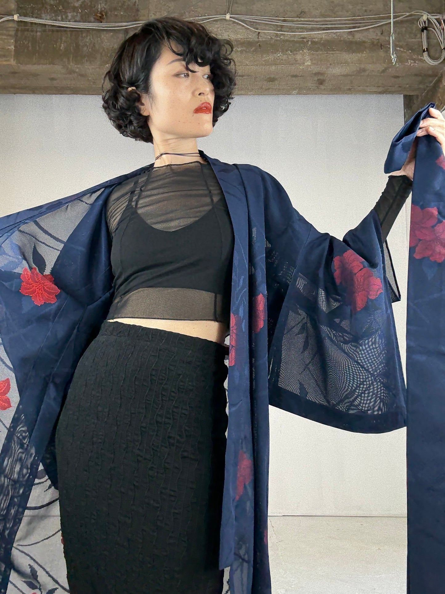 SHEER Kimono Dress Gown with String Belt – Upcycled from Japanese Kimono “Navy with Large Red Flowers” *damage