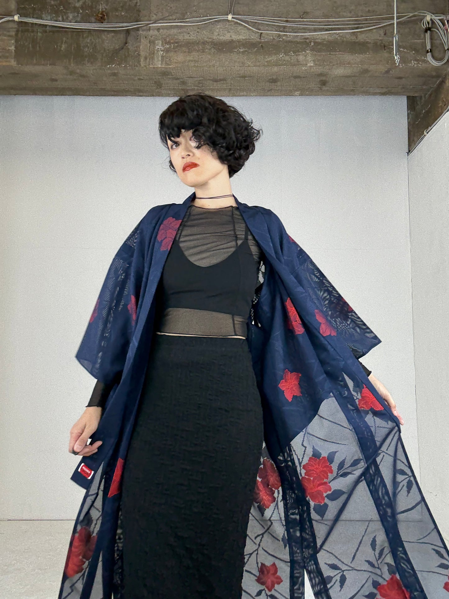 SHEER Kimono Dress Gown with String Belt – Upcycled from Japanese Kimono “Navy with Large Red Flowers” *damage