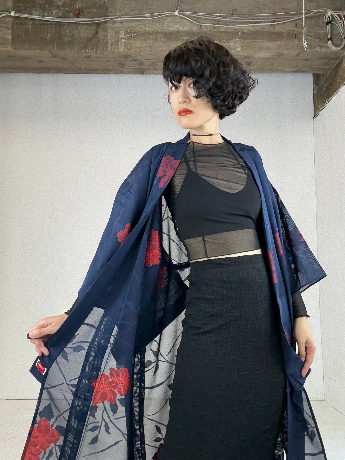 SHEER Kimono Dress Gown with String Belt – Upcycled from Japanese Kimono “Navy with Large Red Flowers” *damage
