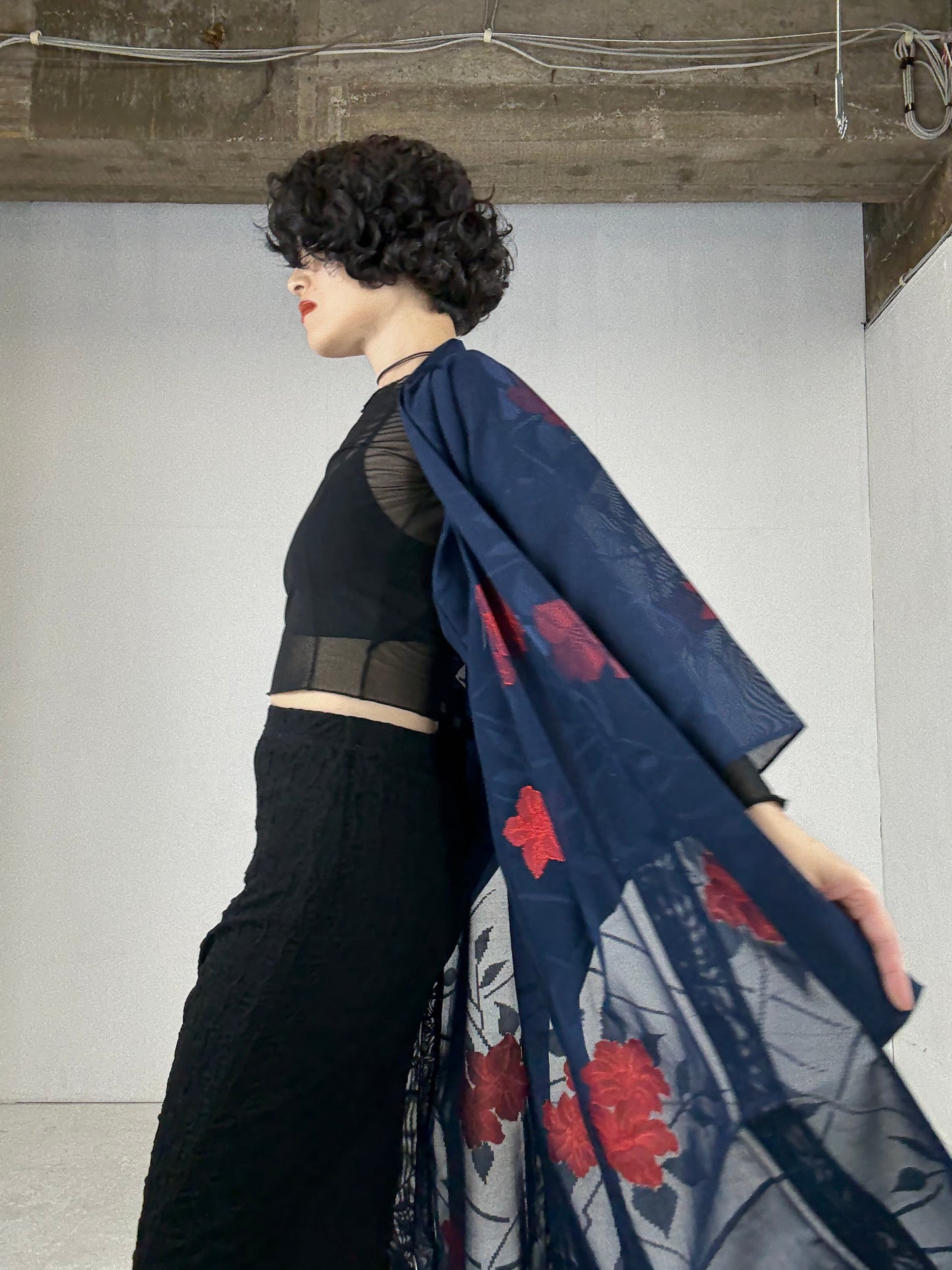 SHEER Kimono Dress Gown with String Belt – Upcycled from Japanese Kimono “Navy with Large Red Flowers” *damage