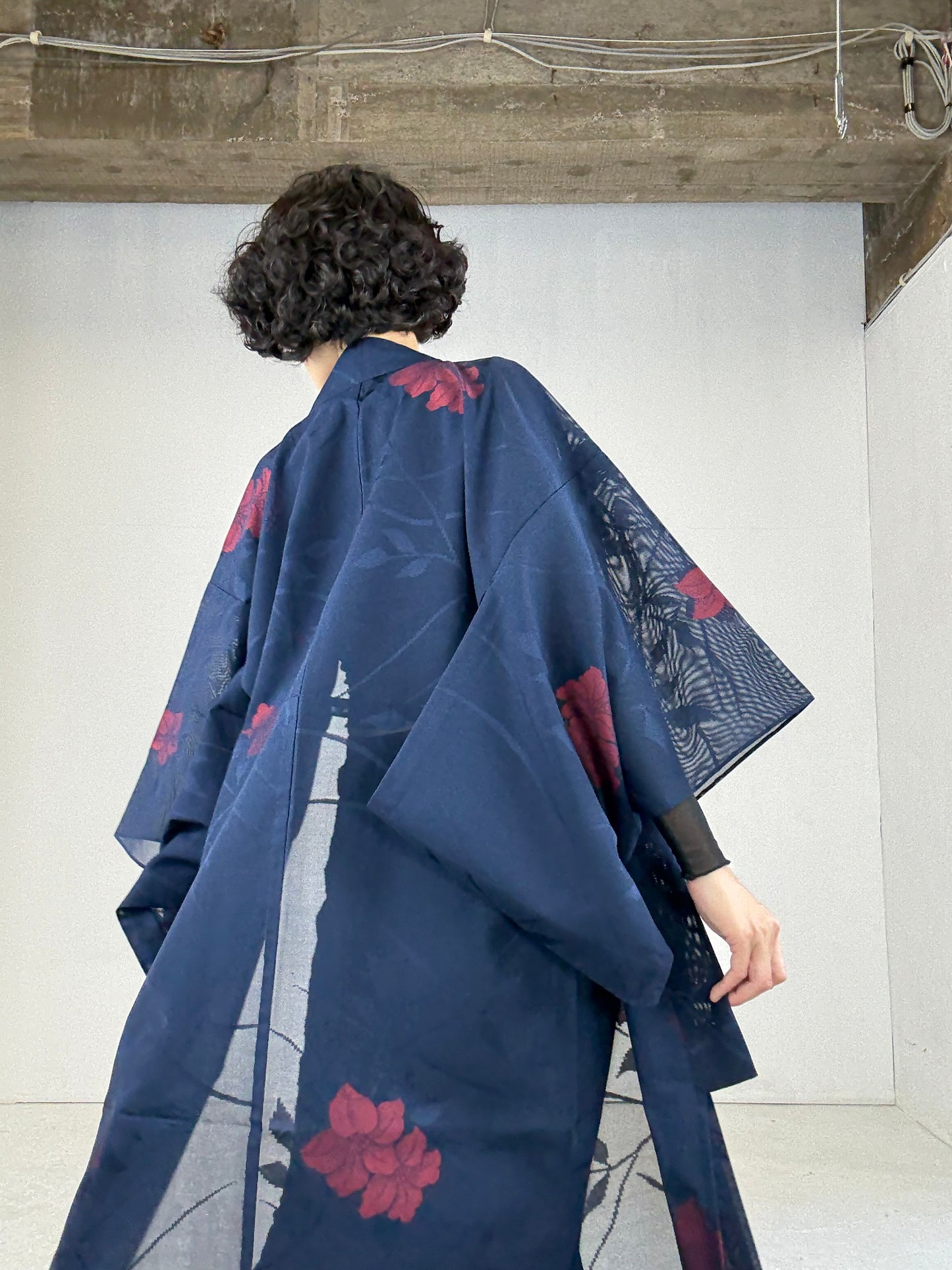 SHEER Kimono Dress Gown with String Belt – Upcycled from Japanese Kimono “Navy with Large Red Flowers” *damage
