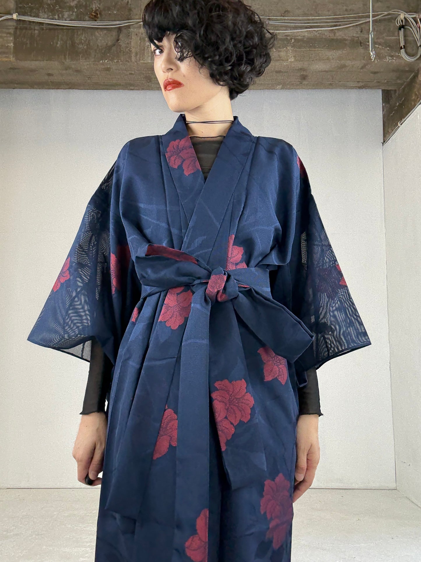SHEER Kimono Dress Gown with String Belt – Upcycled from Japanese Kimono “Navy with Large Red Flowers” *damage