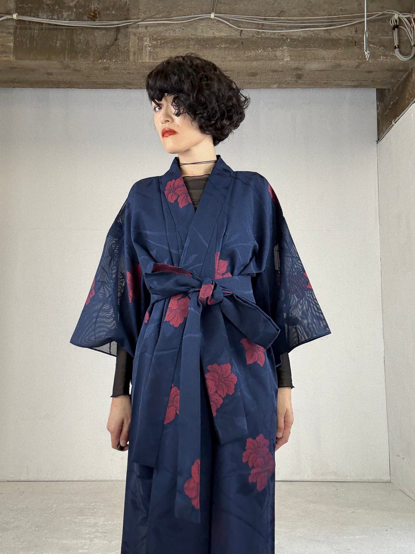 SHEER Kimono Dress Gown with String Belt – Upcycled from Japanese Kimono “Navy with Large Red Flowers” *damage