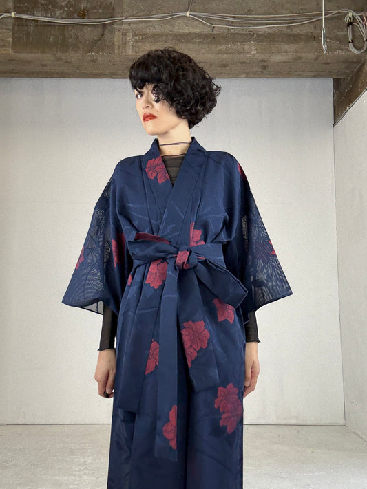 SHEER Kimono Dress Gown with String Belt – Upcycled from Japanese Kimono “Navy with Large Red Flowers, SHD005” *damage