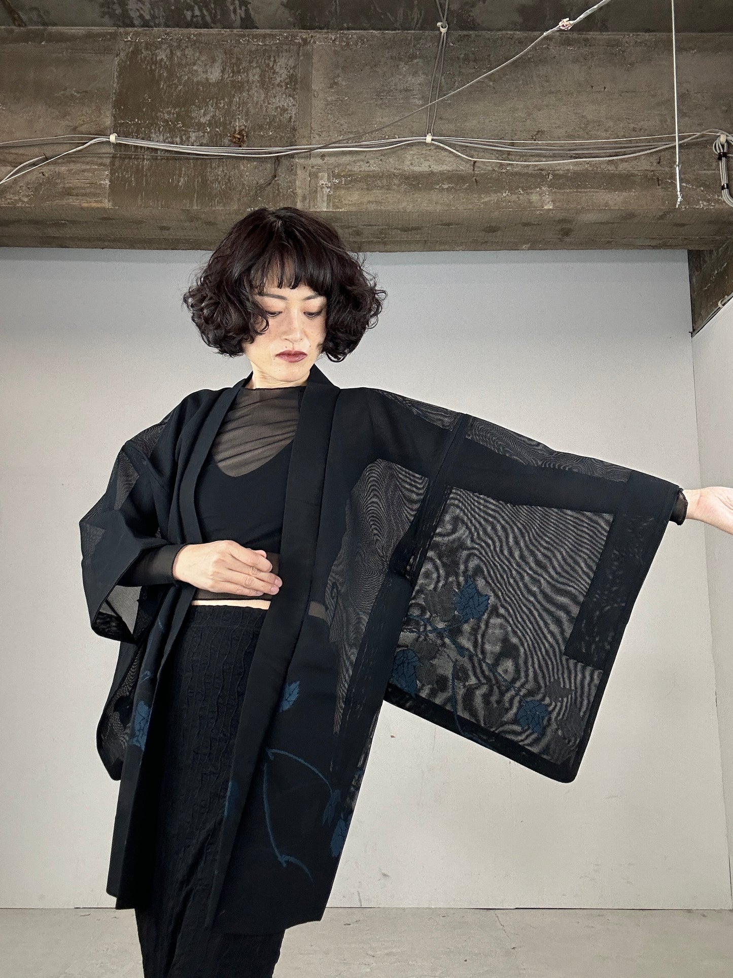 VINTAGE BLACK HAORI SHEER “blue leaf"