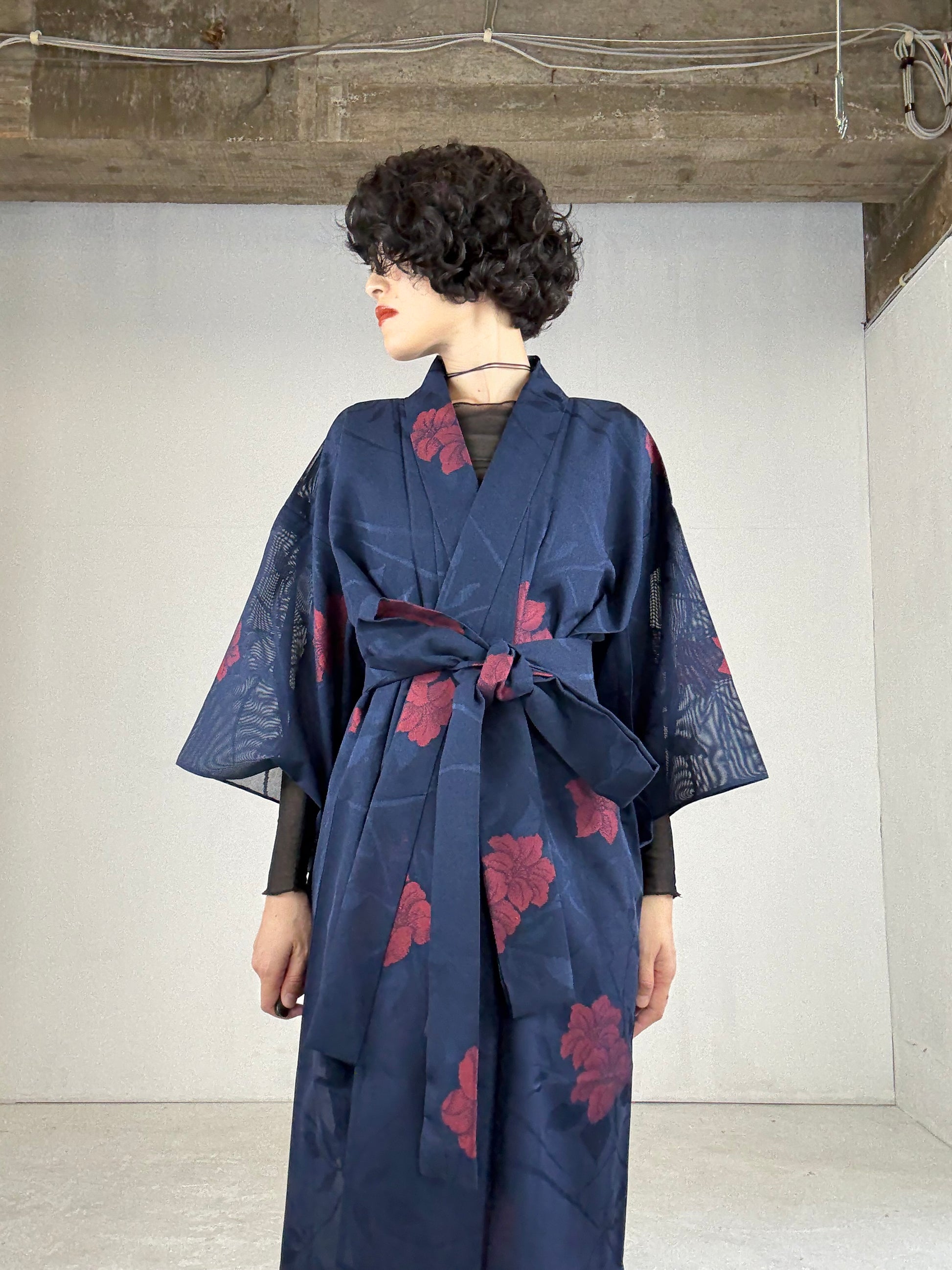 SHEER Kimono Dress Gown with String Belt Upcycled from Japanese Kimono Navy with Large Red Flowers, SHD005 *damage SHEER Kimono Dress Gown with String Belt Upcycled from Japanese Kimono Navy with Large Red Flowers, SHD005 *damage