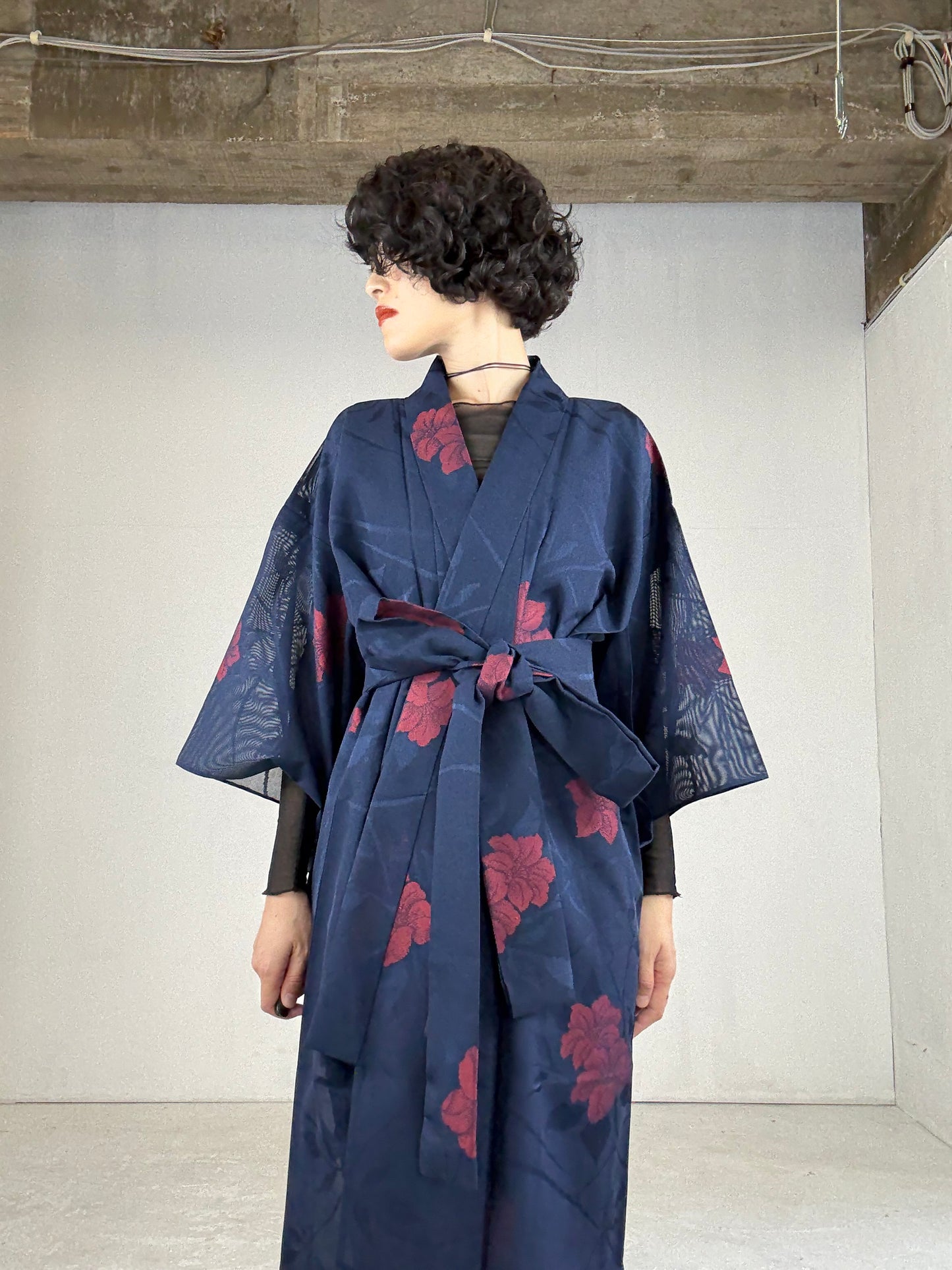 SHEER Kimono Dress Gown with String Belt – Upcycled from Japanese Kimono “Navy with Large Red Flowers” *damage
