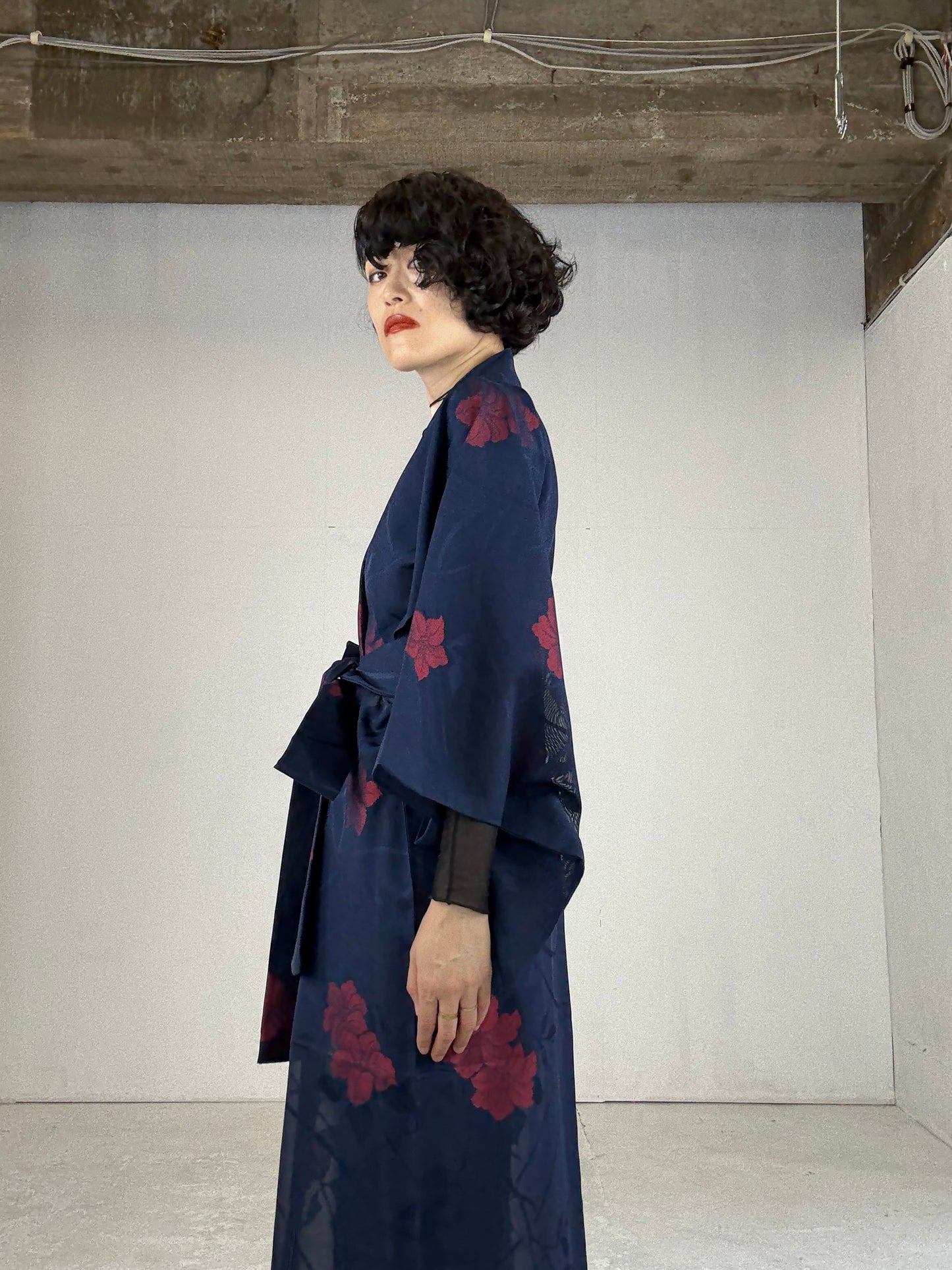 SHEER Kimono Dress Gown with String Belt – Upcycled from Japanese Kimono “Navy with Large Red Flowers” *damage