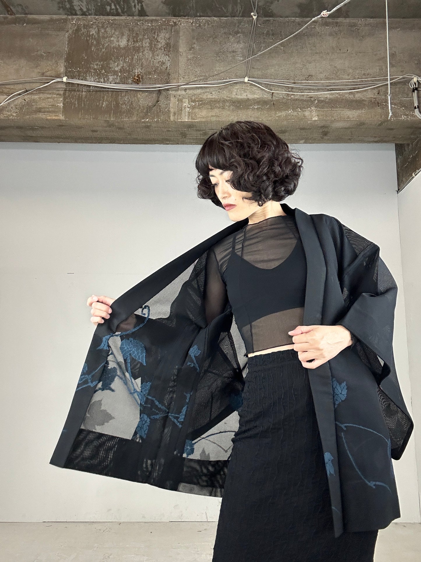 VINTAGE BLACK HAORI SHEER “blue leaf"