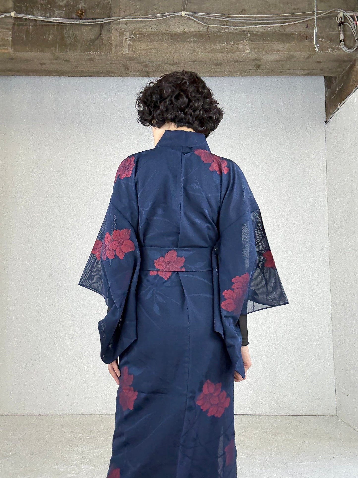 SHEER Kimono Dress Gown with String Belt – Upcycled from Japanese Kimono “Navy with Large Red Flowers” *damage