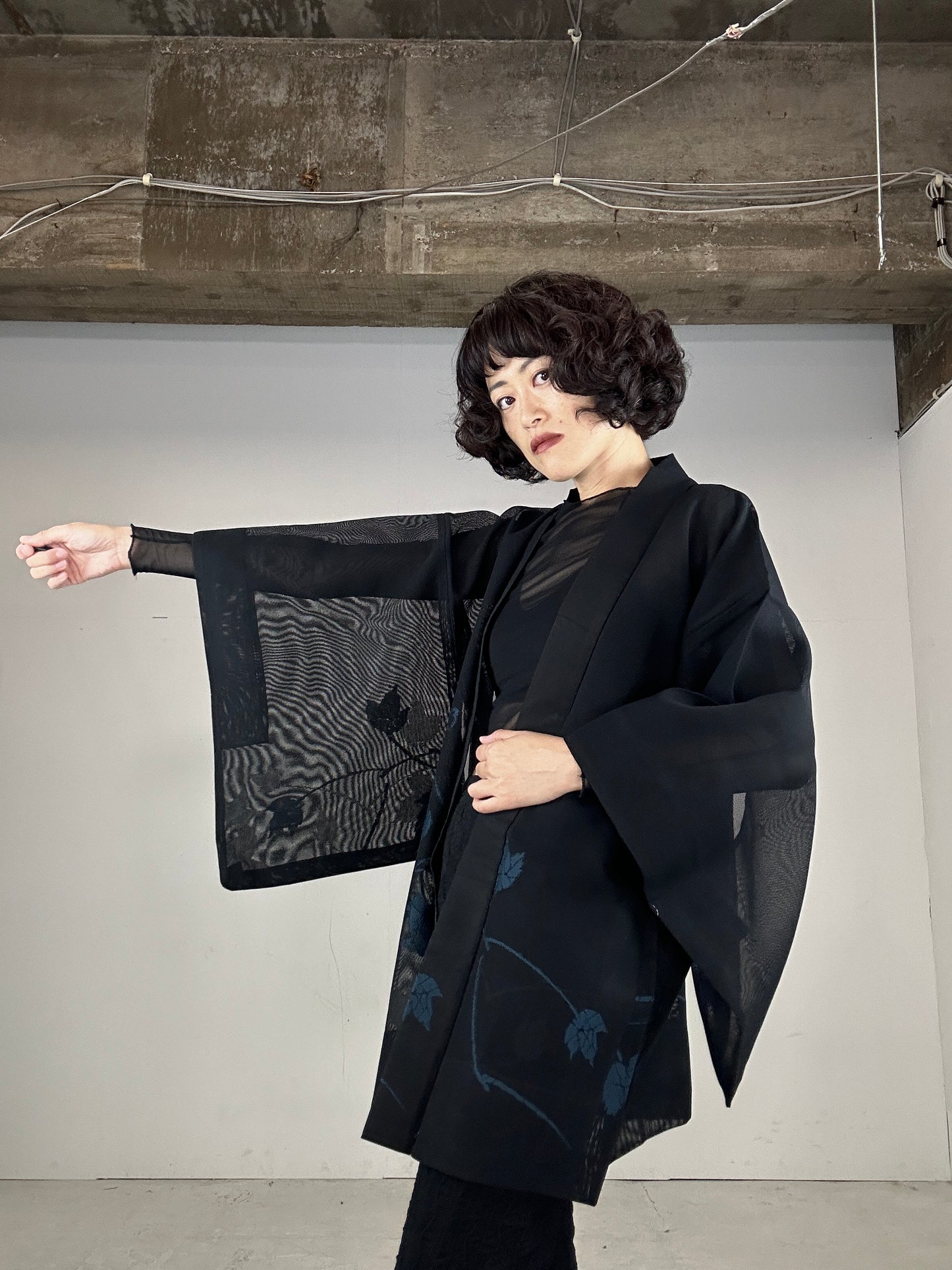 VINTAGE BLACK HAORI SHEER “blue leaf"