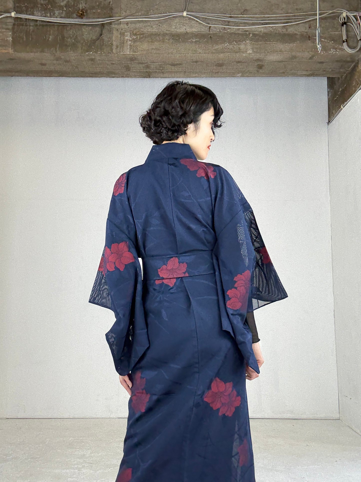 SHEER Kimono Dress Gown with String Belt – Upcycled from Japanese Kimono “Navy with Large Red Flowers” *damage