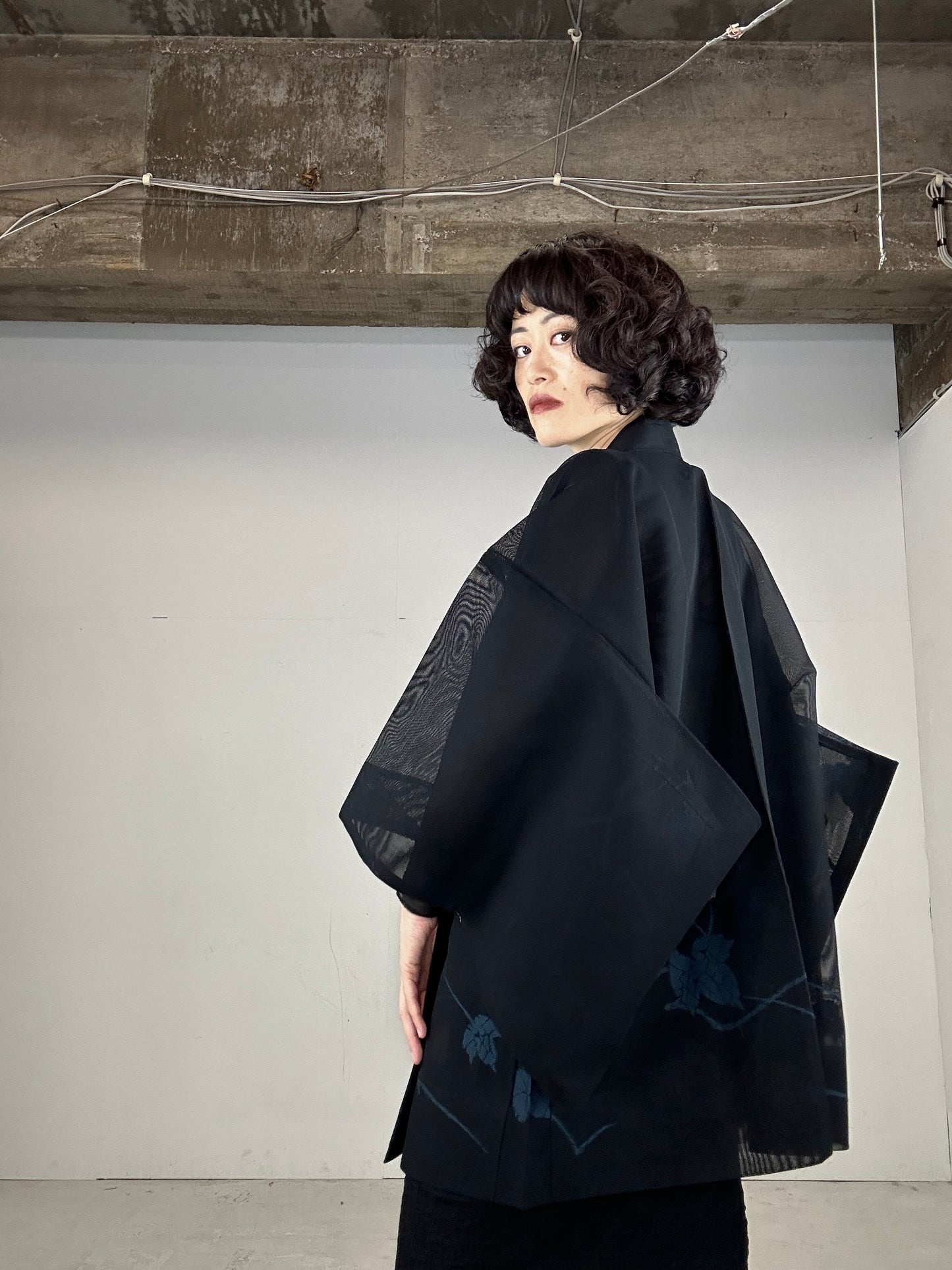 VINTAGE BLACK HAORI SHEER “blue leaf"