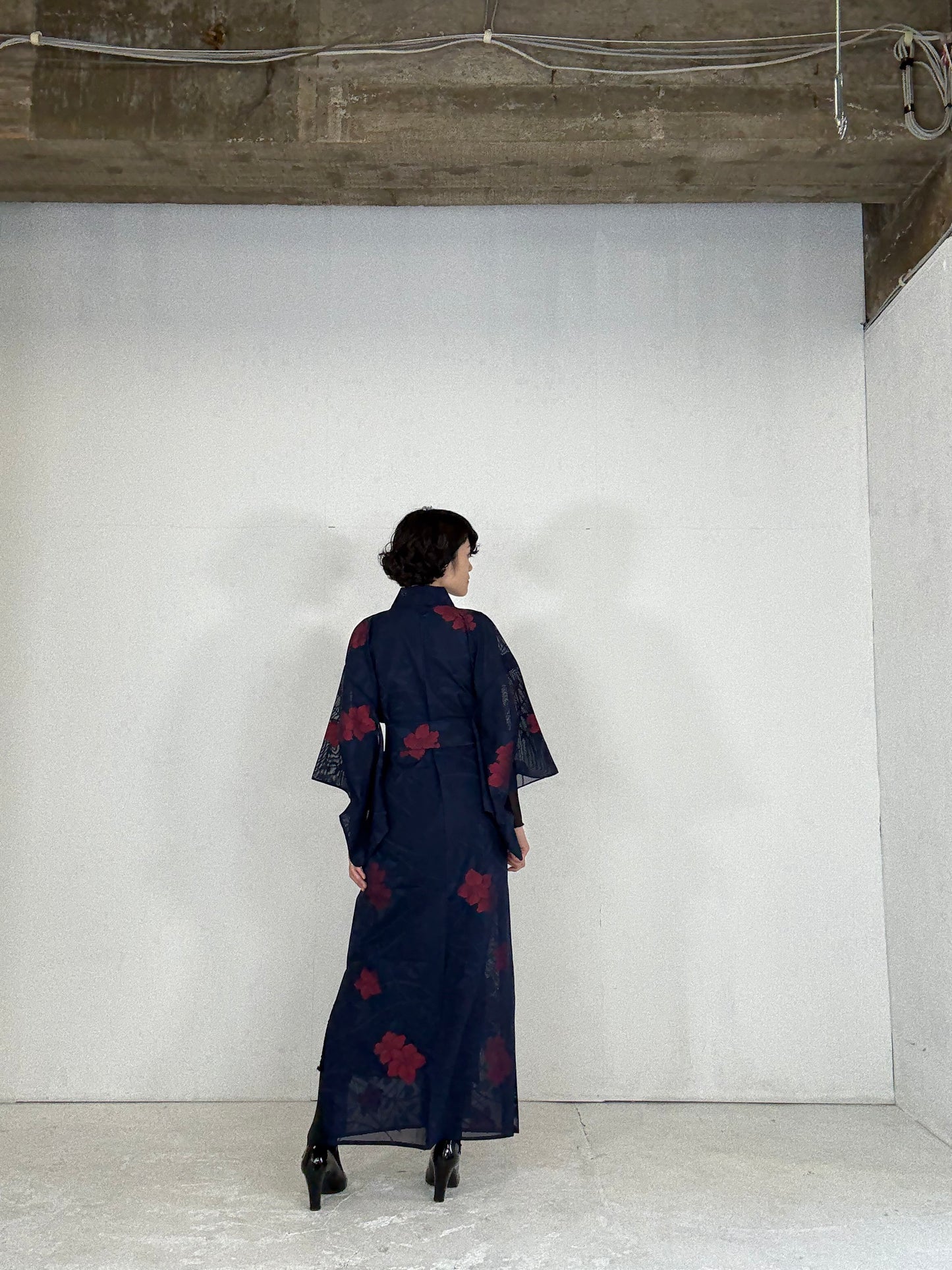 SHEER Kimono Dress Gown with String Belt – Upcycled from Japanese Kimono “Navy with Large Red Flowers” *damage