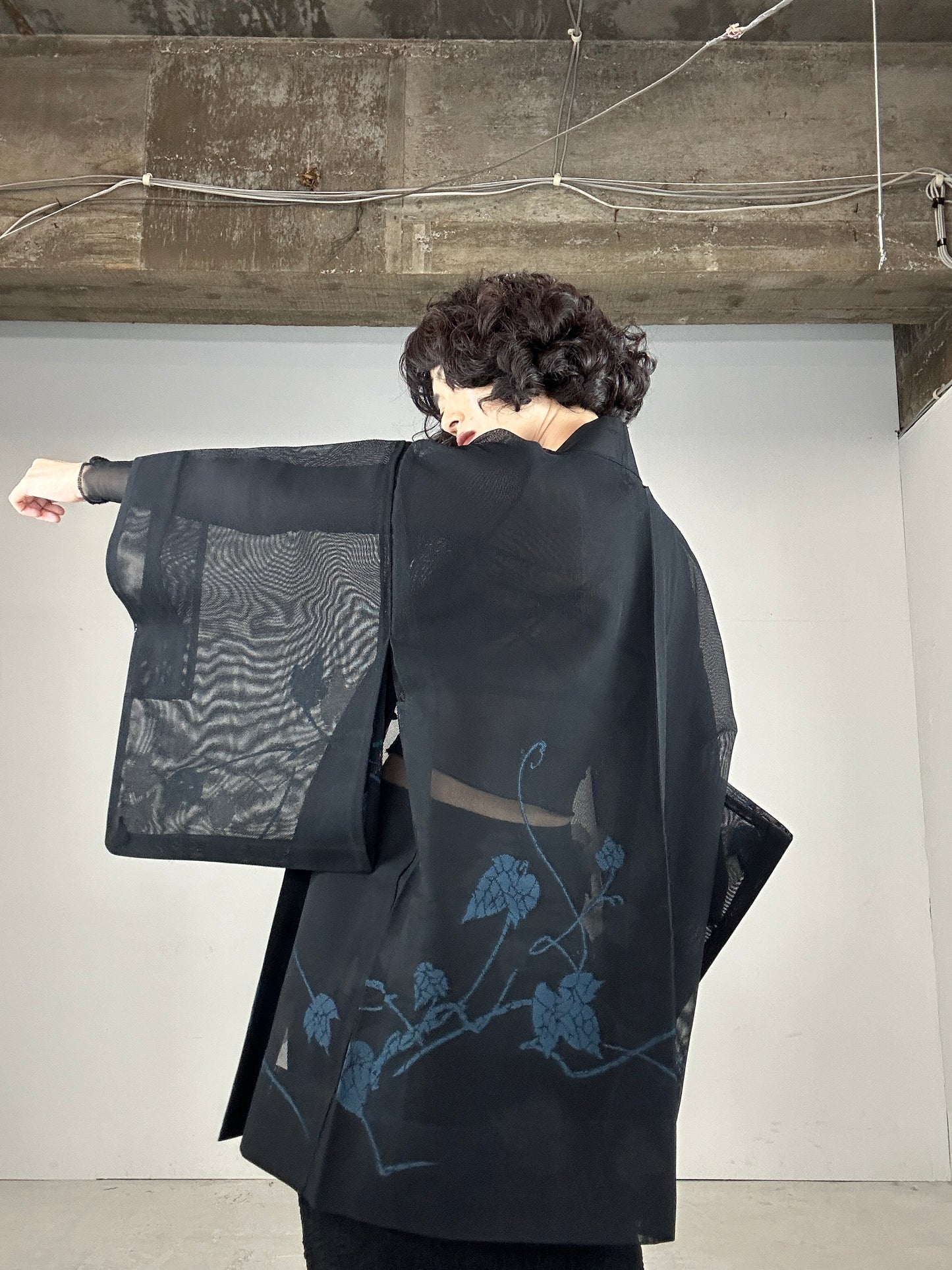 VINTAGE BLACK HAORI SHEER “blue leaf"