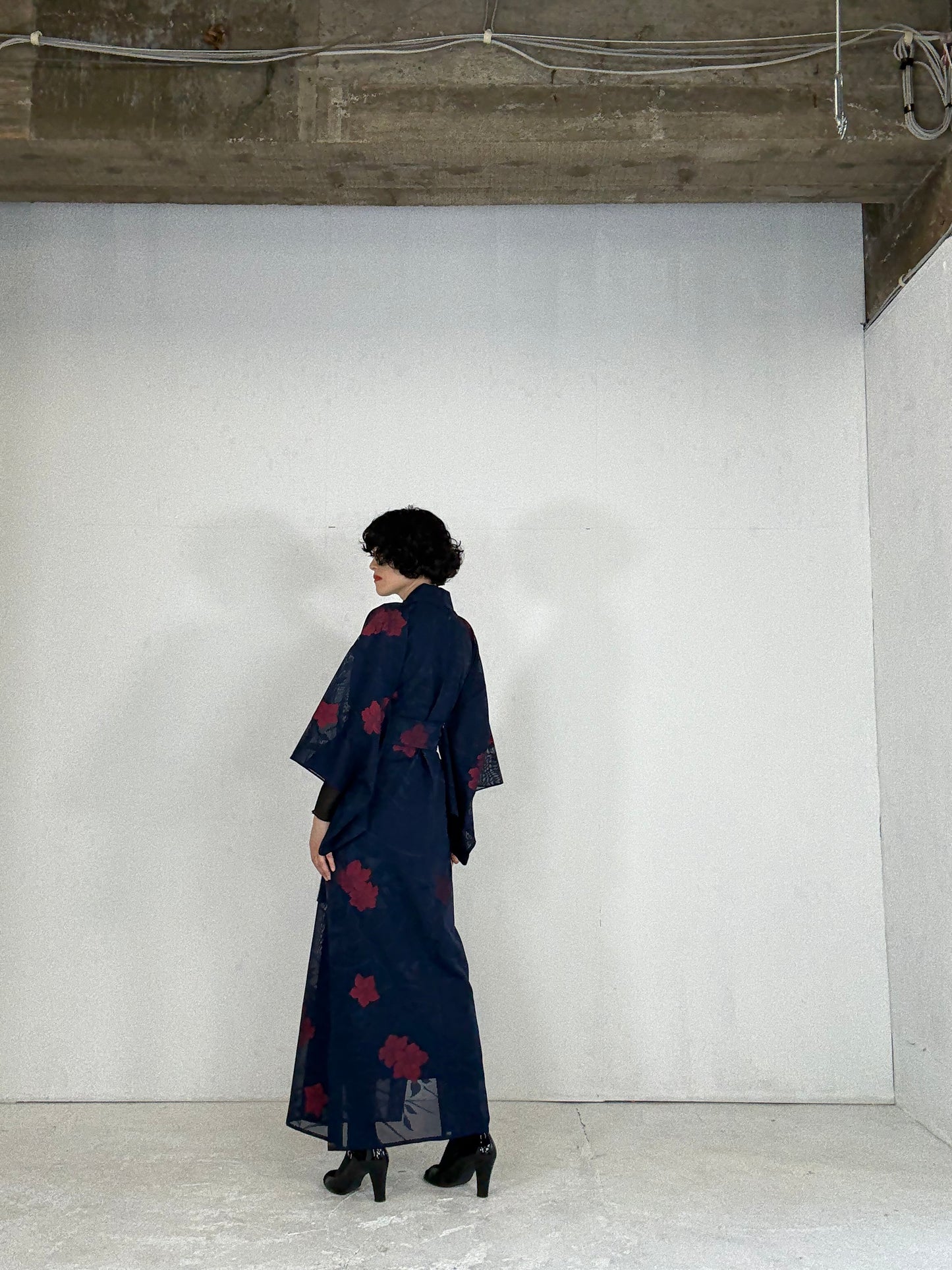 SHEER Kimono Dress Gown with String Belt – Upcycled from Japanese Kimono “Navy with Large Red Flowers” *damage