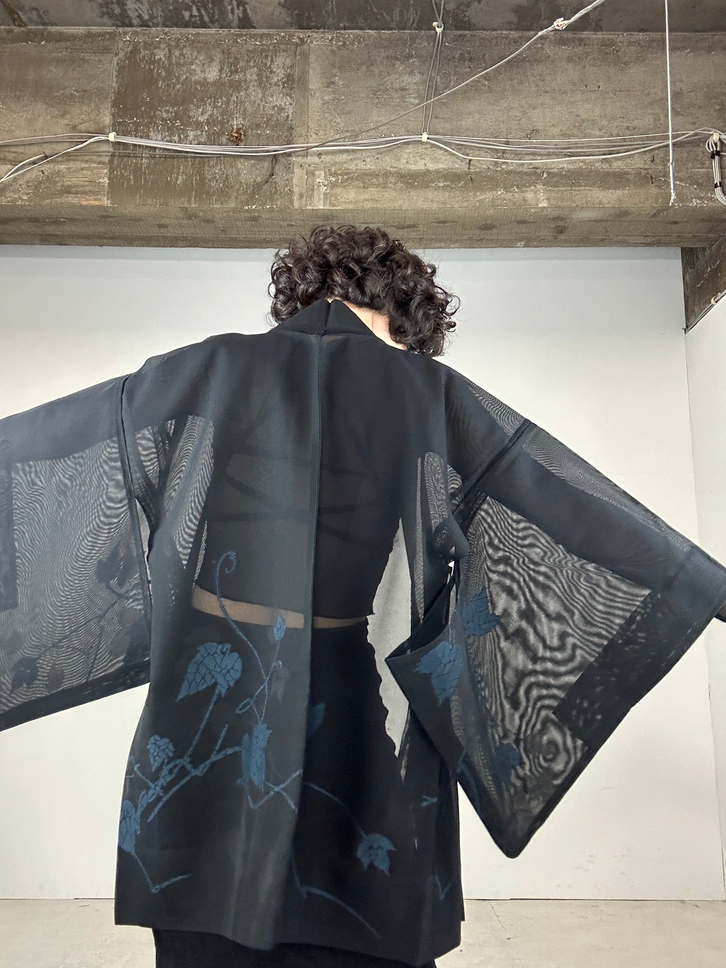 VINTAGE BLACK HAORI SHEER “blue leaf"