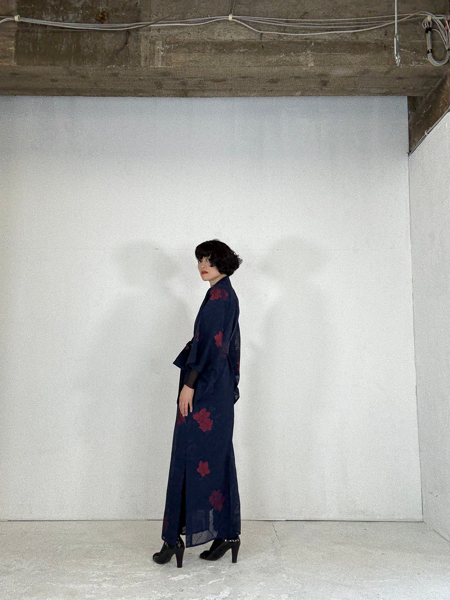SHEER Kimono Dress Gown with String Belt – Upcycled from Japanese Kimono “Navy with Large Red Flowers” *damage