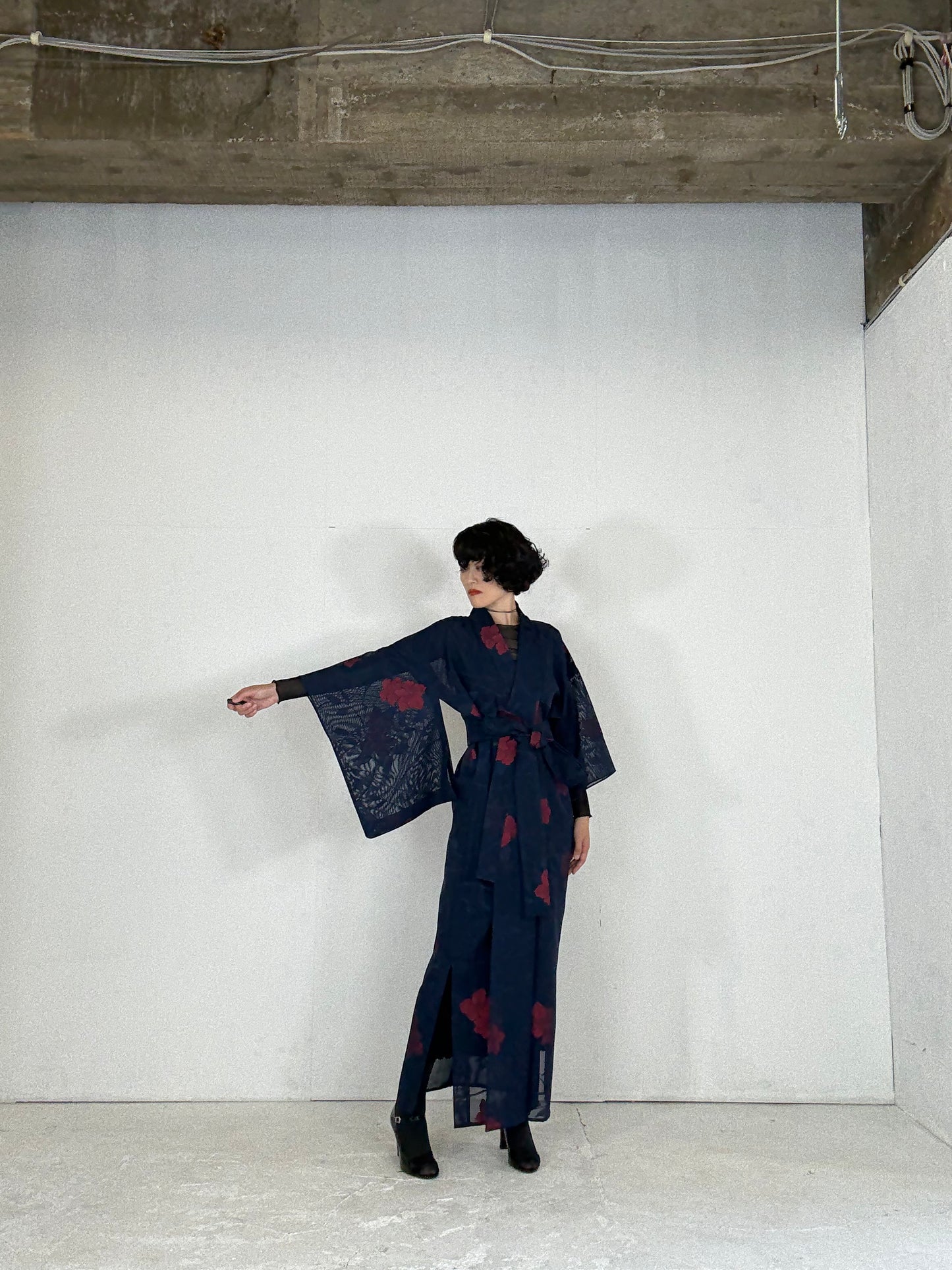 SHEER Kimono Dress Gown with String Belt – Upcycled from Japanese Kimono “Navy with Large Red Flowers” *damage
