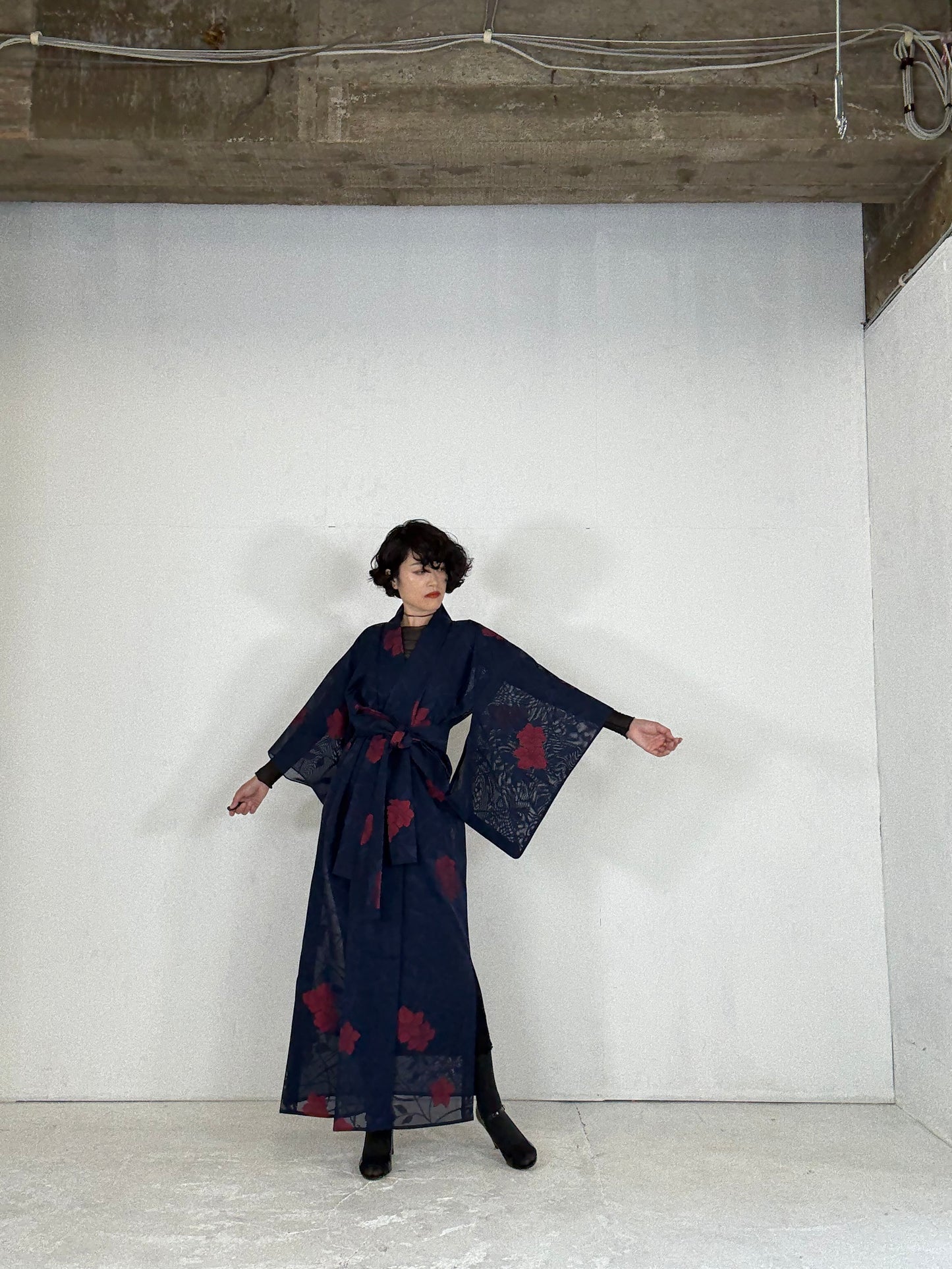 SHEER Kimono Dress Gown with String Belt – Upcycled from Japanese Kimono “Navy with Large Red Flowers” *damage