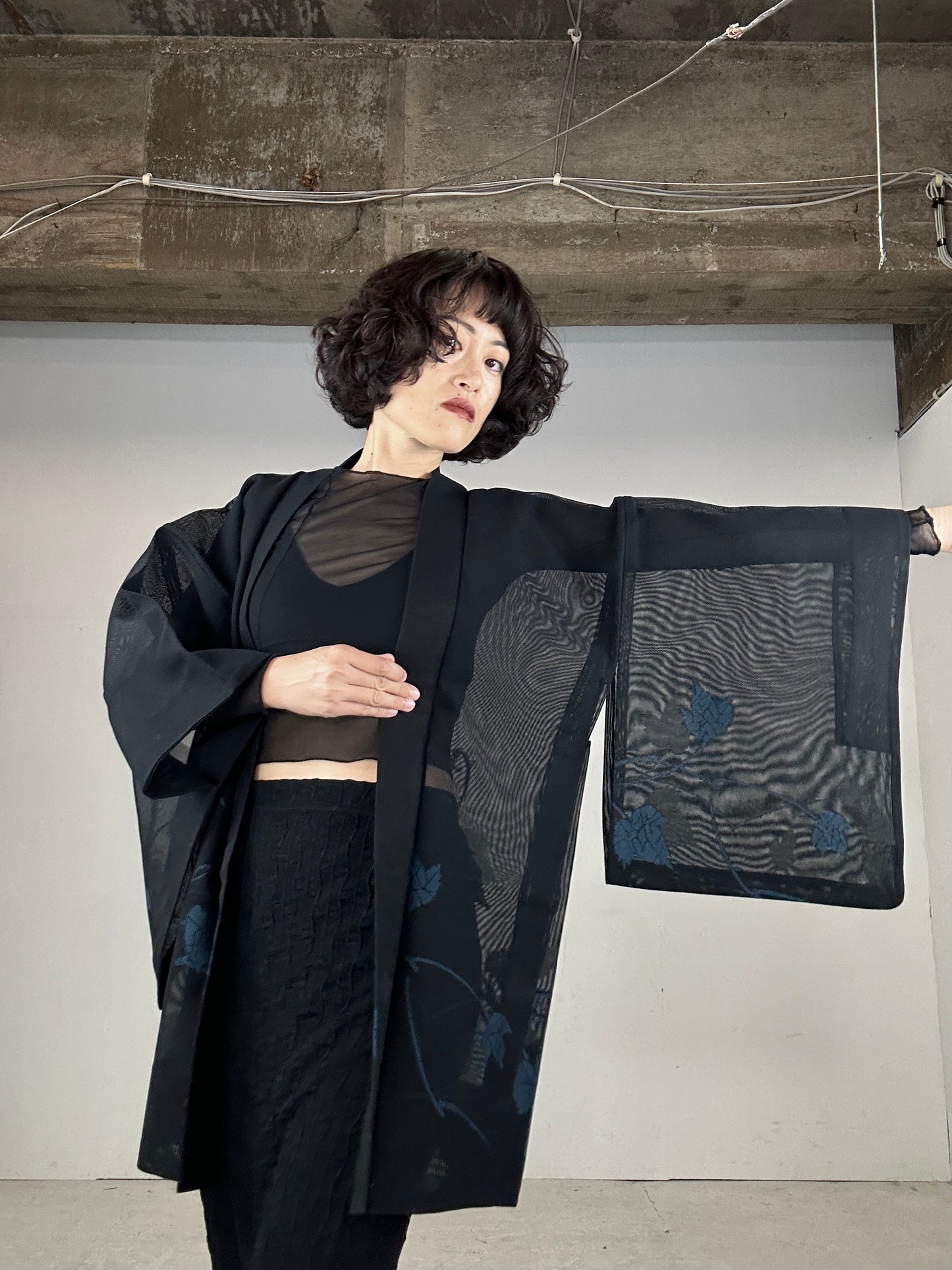 VINTAGE BLACK HAORI SHEER “blue leaf"