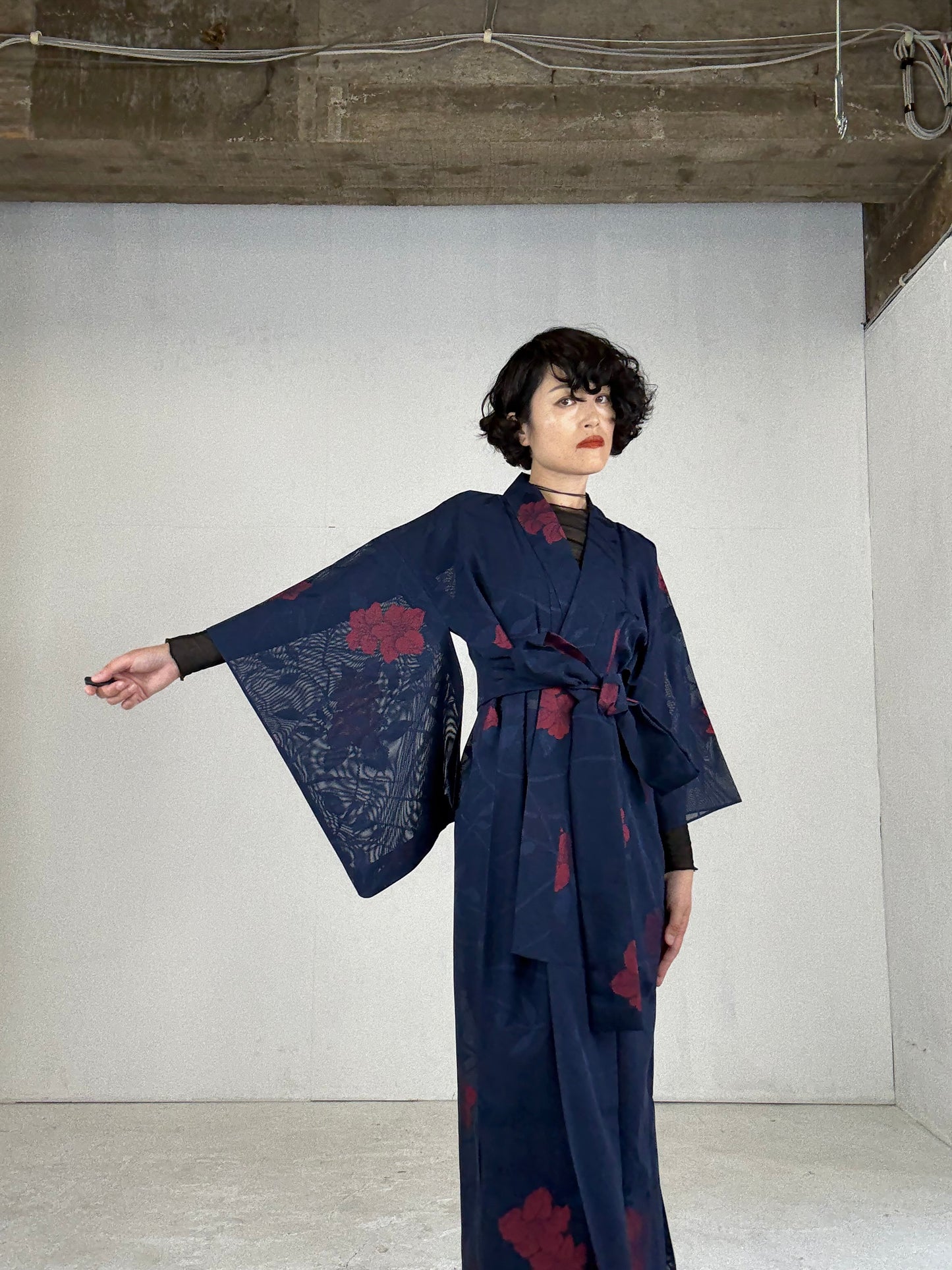 SHEER Kimono Dress Gown with String Belt – Upcycled from Japanese Kimono “Navy with Large Red Flowers” *damage