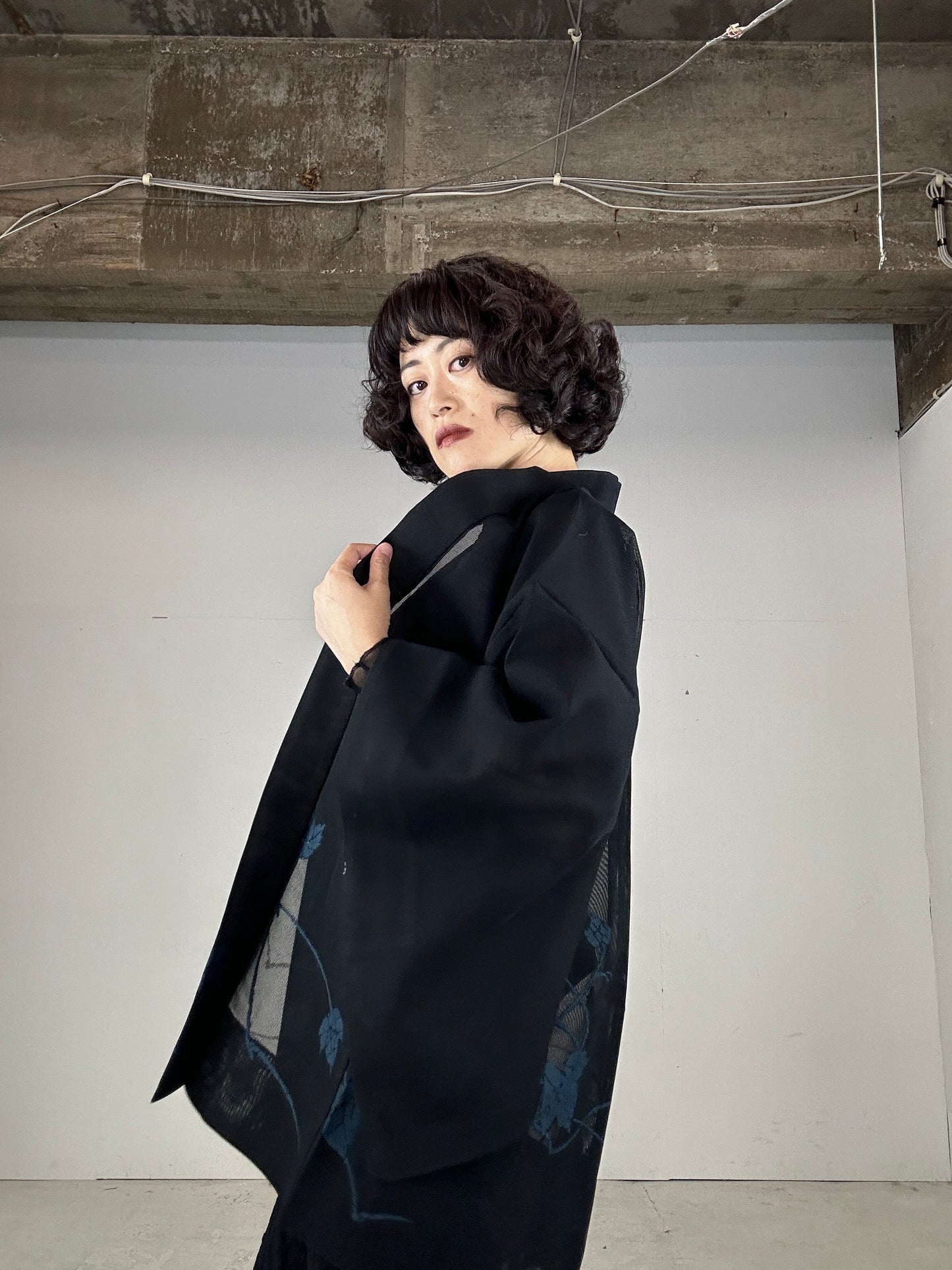 VINTAGE BLACK HAORI SHEER “blue leaf"