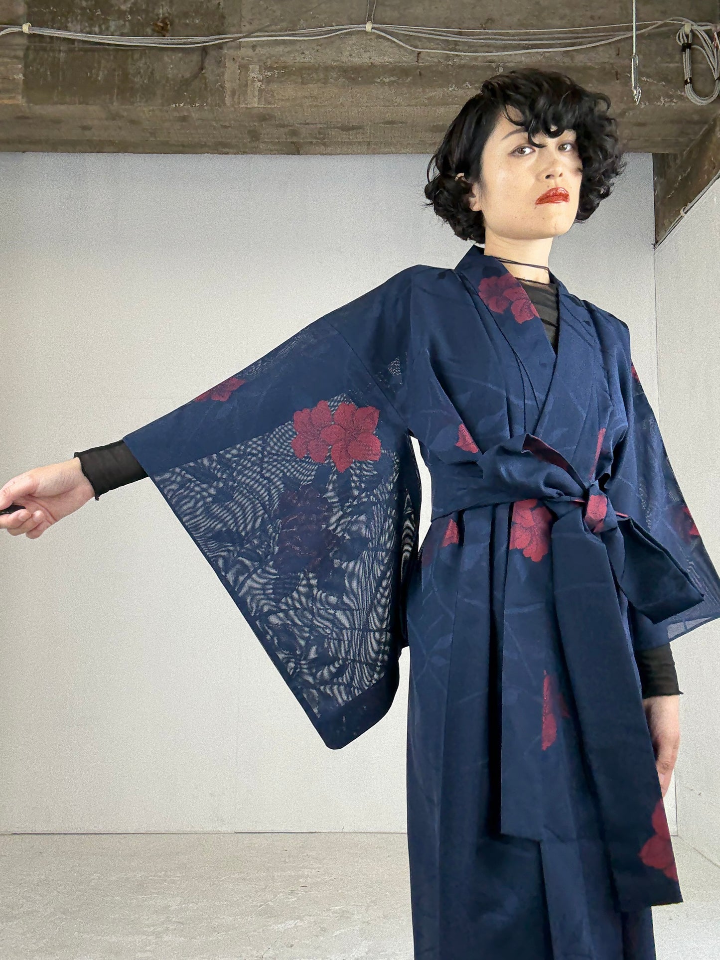 SHEER Kimono Dress Gown with String Belt – Upcycled from Japanese Kimono “Navy with Large Red Flowers” *damage