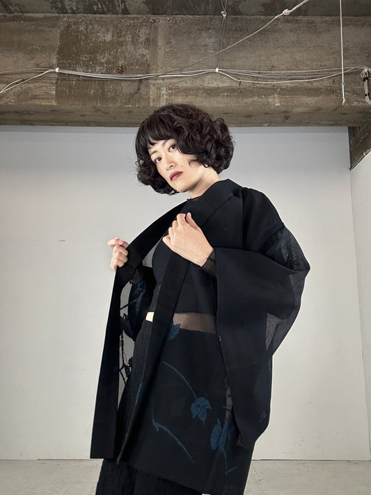 VINTAGE BLACK HAORI SHEER “blue leaf"