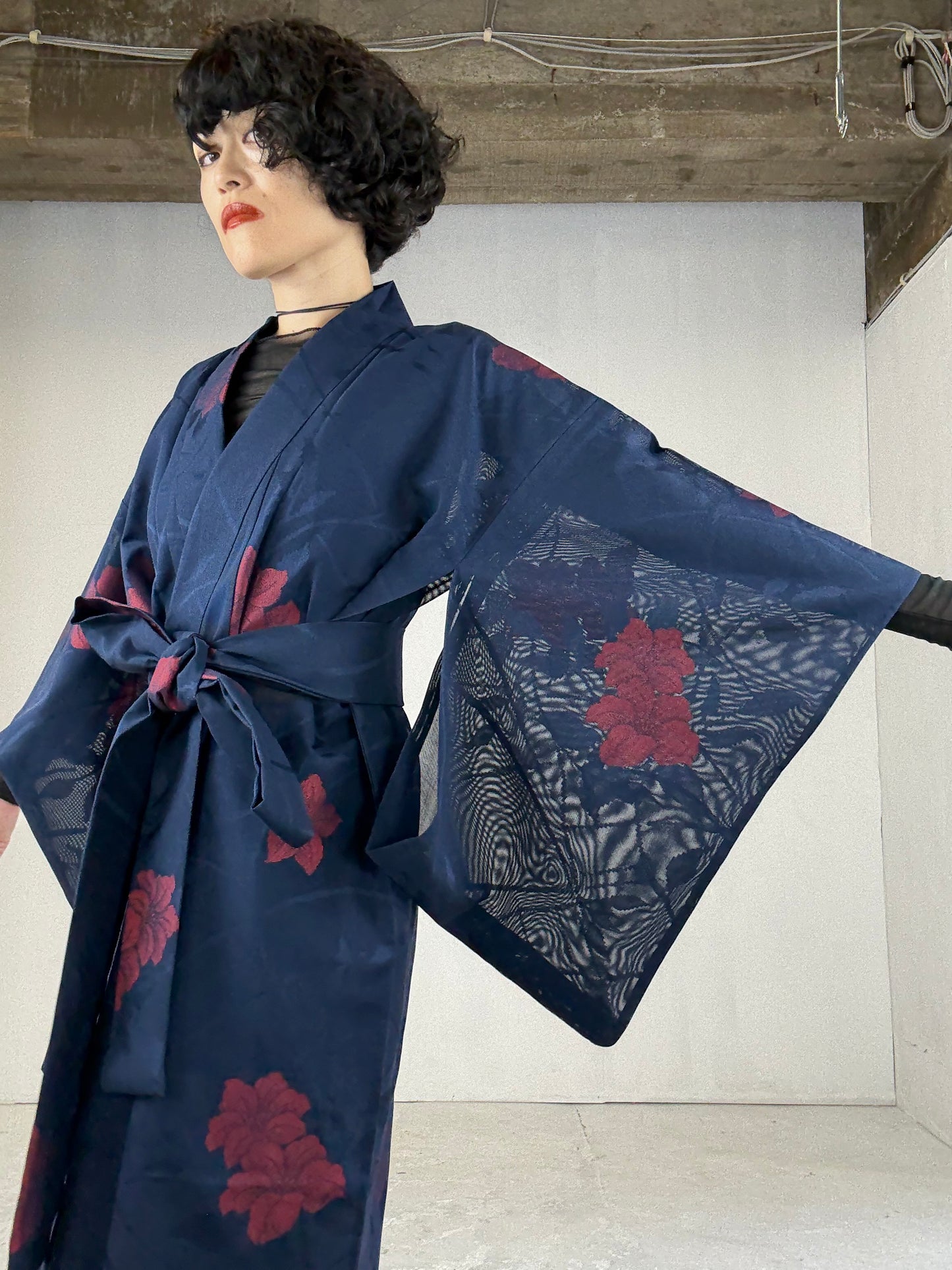 SHEER Kimono Dress Gown with String Belt – Upcycled from Japanese Kimono “Navy with Large Red Flowers” *damage